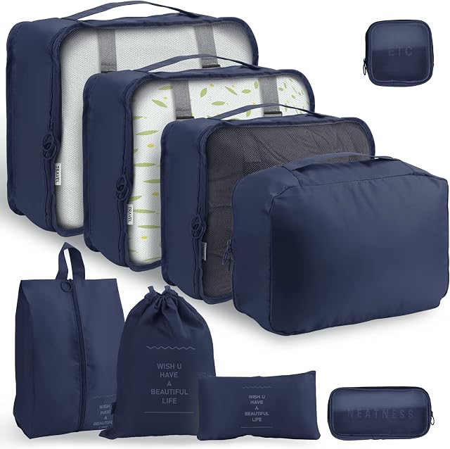 Packing Cubes for Suitcase - 9 PCS Travel Packing Cubes Lightweight Suitcase Organizer Bags Set Luggage Packing Organizers for Travel Accessories with Shoes Bags - Navy Blue