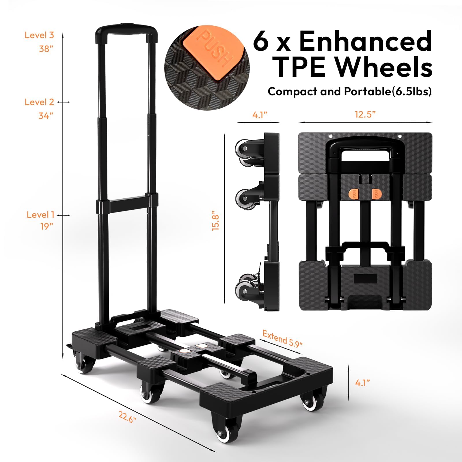 Robuste faltbare Sackkarre – 227 kg Kapazität, 6 Räder, Dolly Cart mit 2 elastischen Bändern, tragbarer, faltbarer Trolley für Umzug und Reisen