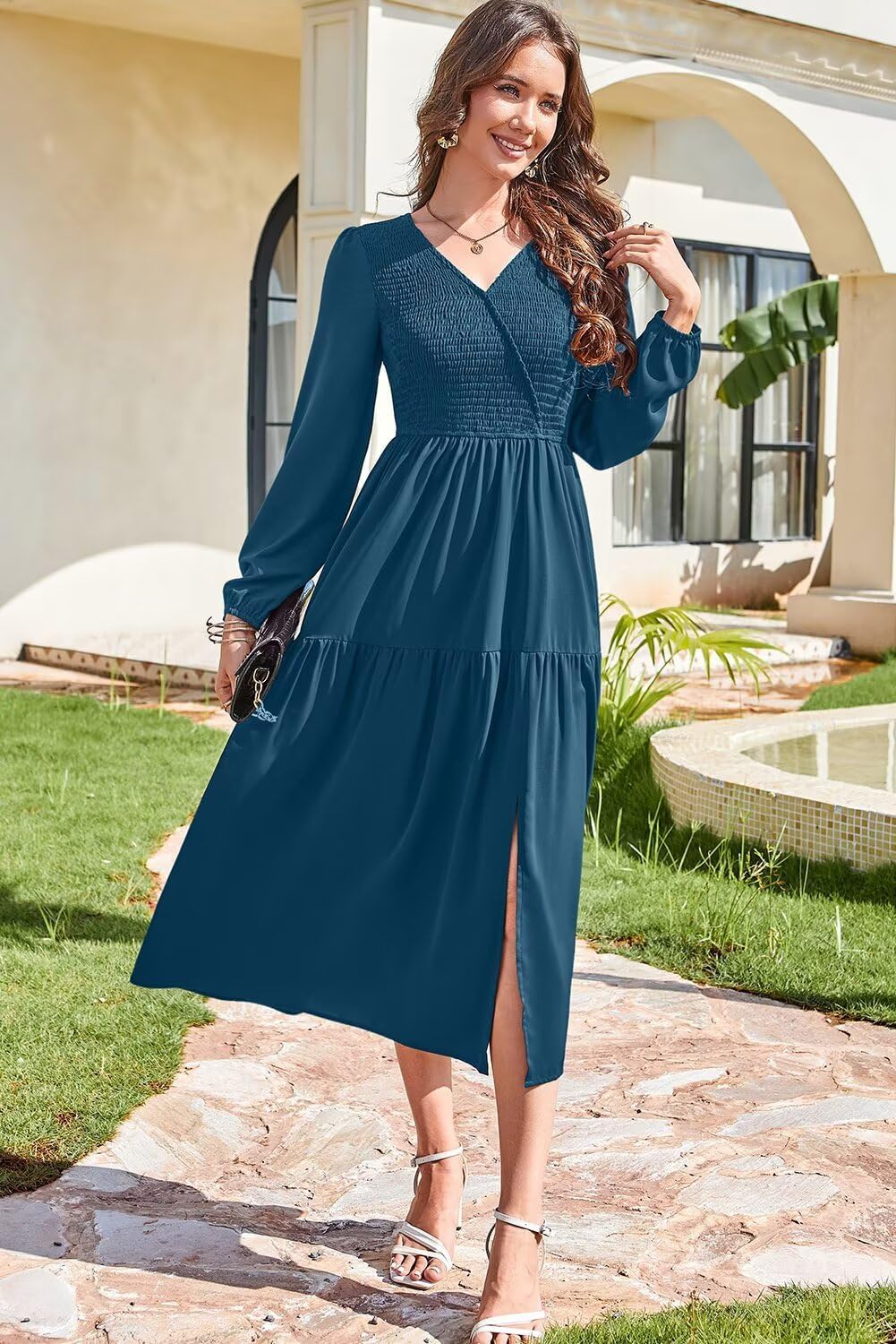 Dokotoo Fall Dresses for Women 2025 Long Sleeve V Neck Smocked Empire Waist Ruffle Tiered Casual Split Maxi Dress - Image 3