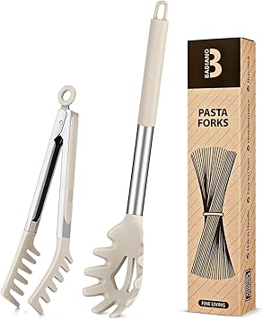 Silicone Spaghetti Spoon & Pasta Tong, Non-Stick Stainless Steel Handle Pasta Fork Set with Teeth, Food Clip for Easy Serving of Noodles (Khaki)