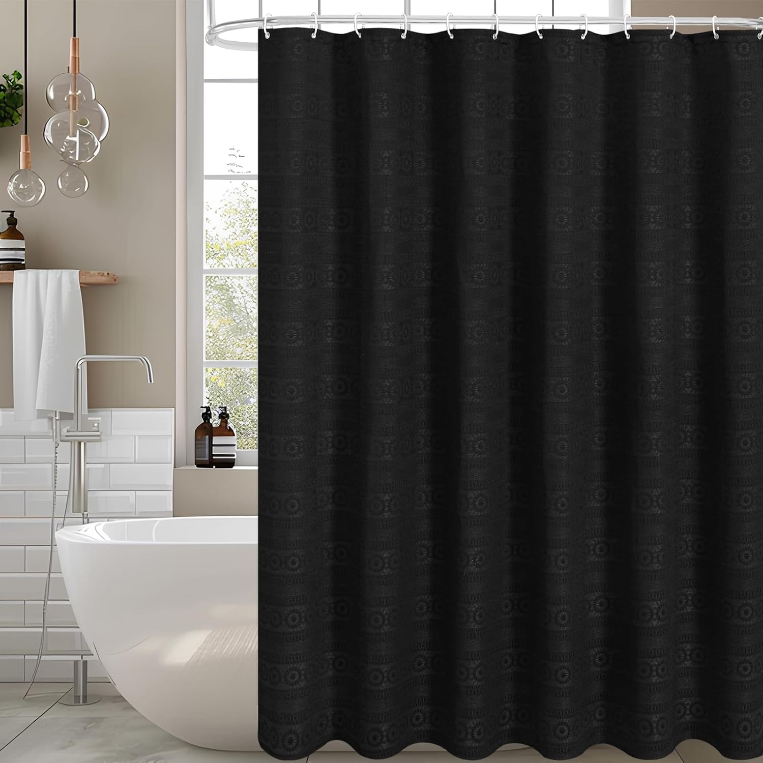 Tall Jacquard Sunflower Textured Fabric Shower Curtain for Bathroom, Long Shower Curtain 72 x 78, Water Repellent, Machine Washable, Black Farmhouse Style with 12 Hooks