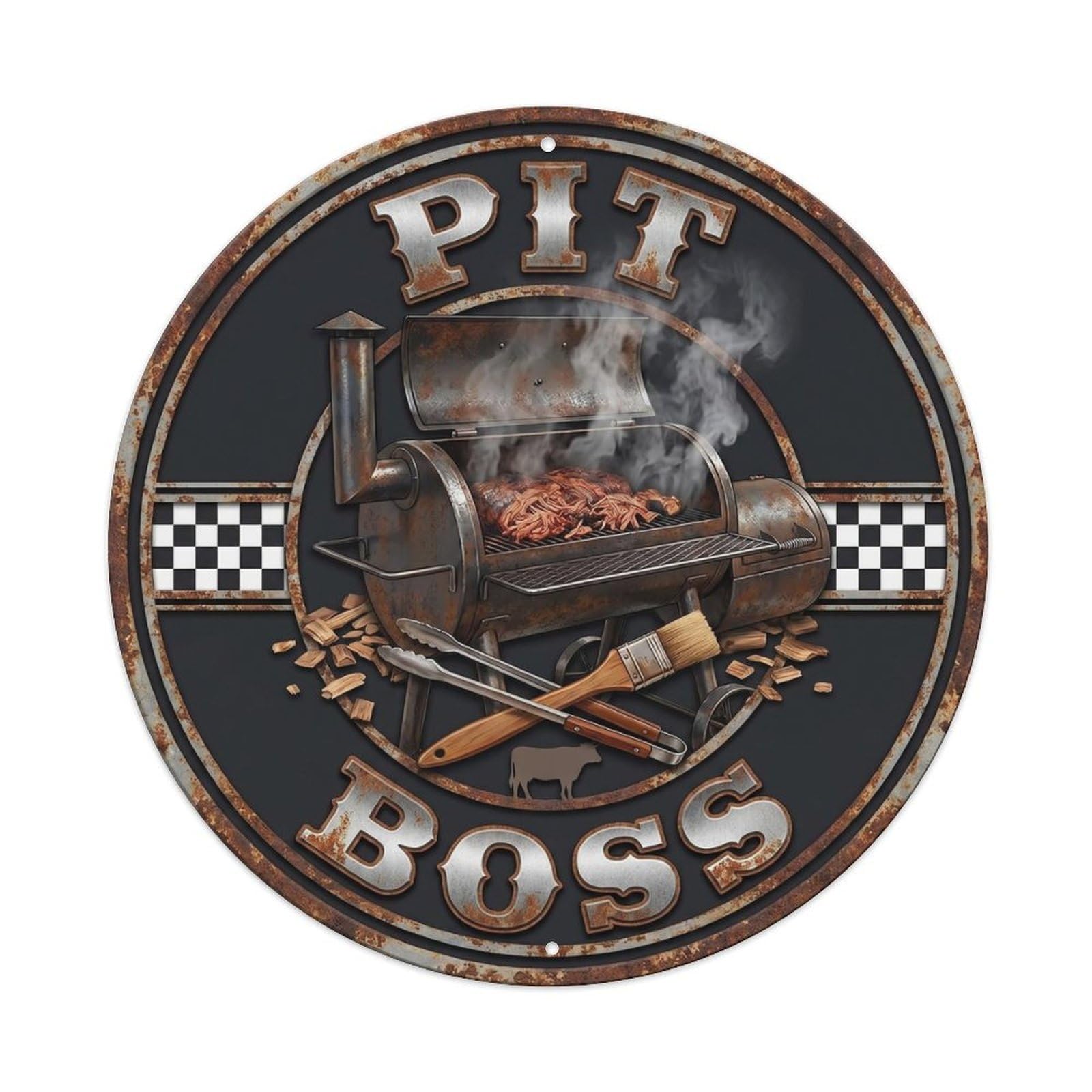 BBQ Barbecue Pit Artwork Vintage Metal Tin Sign Plaque Wall Decor for Cafe, Club, Garden Round Metal Poster 8x8Inch