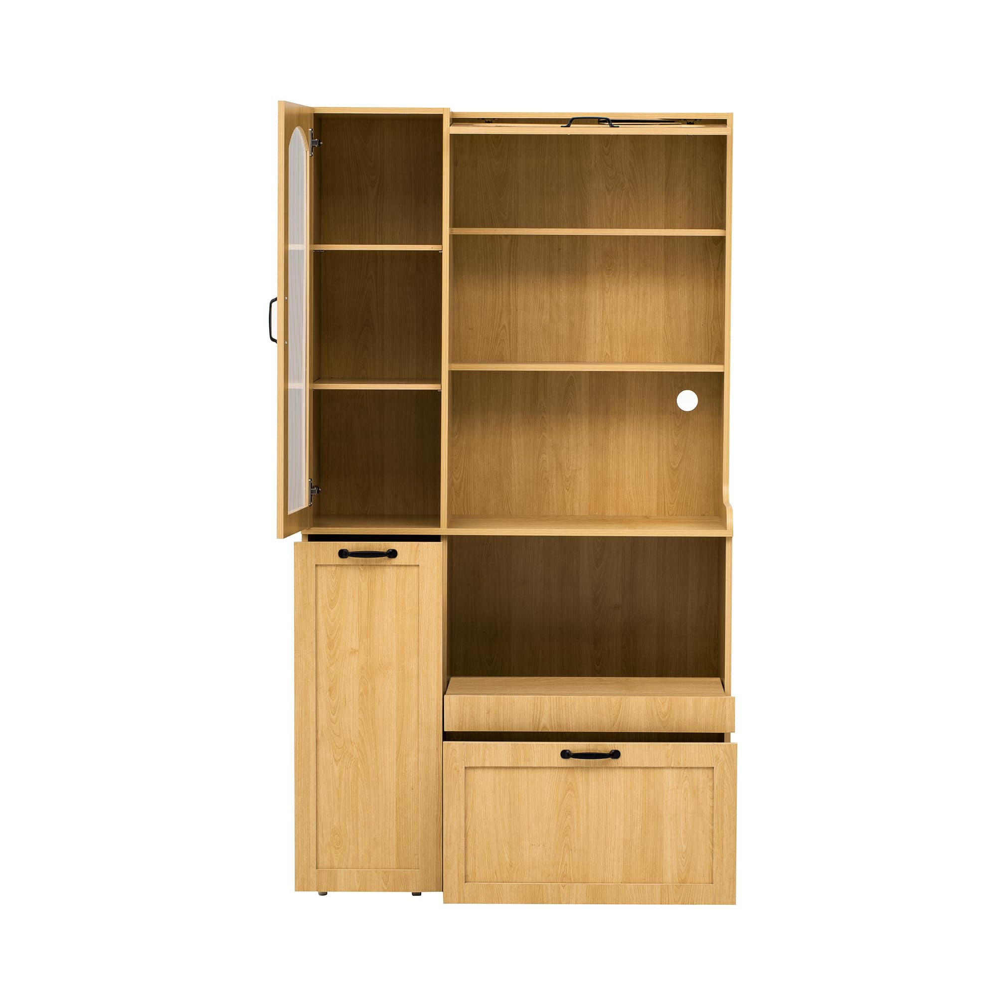 Mobile alto con ripiani regolabili e cassetti, mobile da cucina con ripiani estraibili e vetro scanalato, ideale per sala da pranzo, soggiorno e cucina, colore naturale