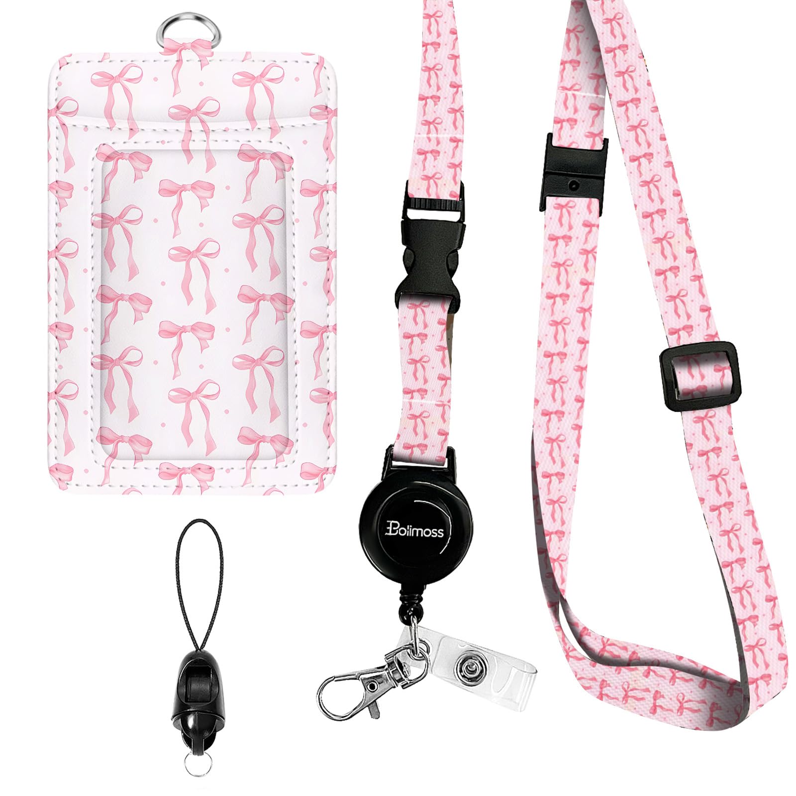 bolimoss Pink Bow Lanyard with ID Holder, Cute Leather ID Name Badge Card Holder with Adjustable Retractable Lanyards, Breakaway Lanyards with Swivel Metal Clasp for Women Nurse Teacher โ image 1