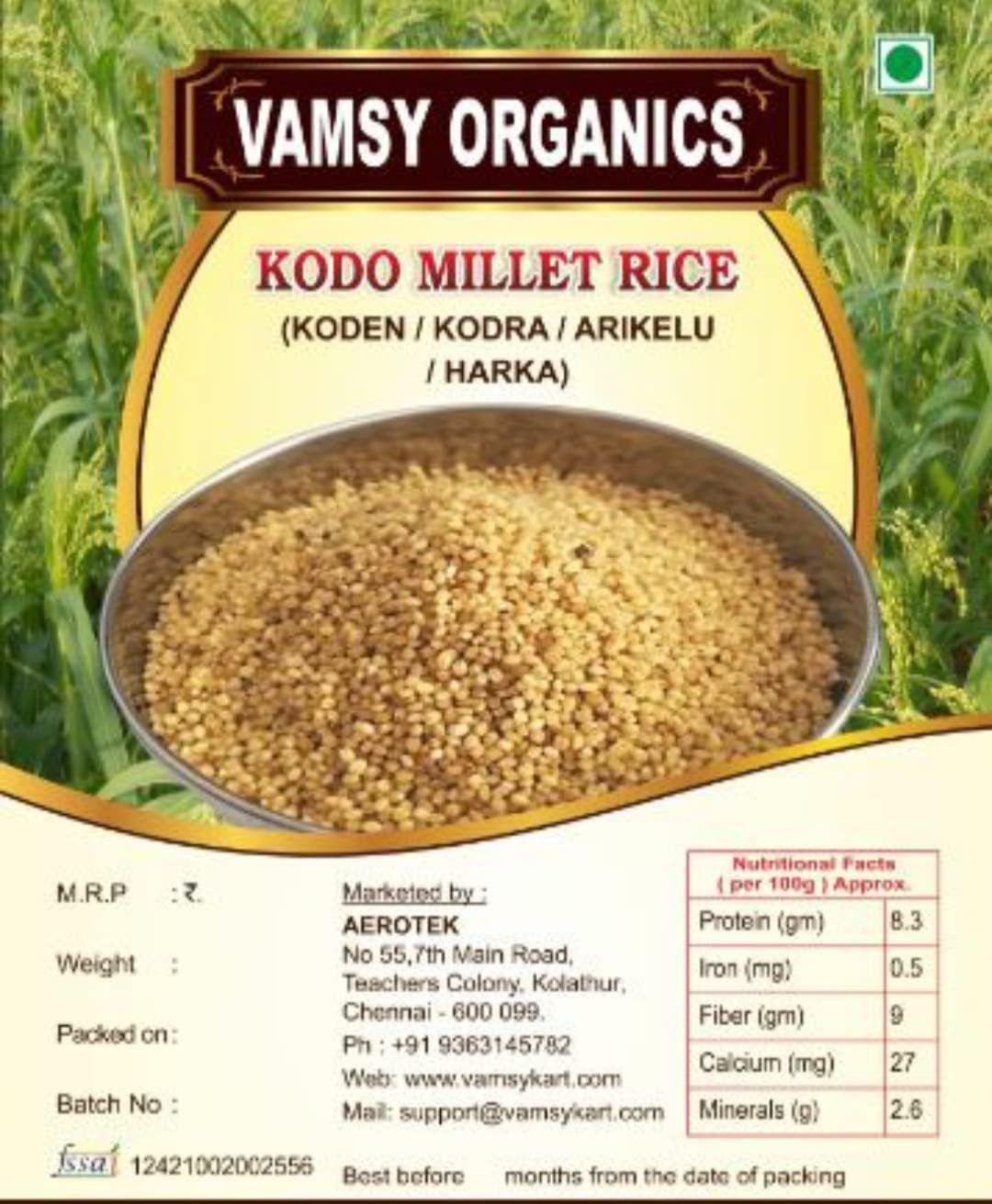 VAMSY ORGANICS Unpolished Nature grow Kodo millet 3 KG (Kodra / Varagu / Arikelu / Hark / Varigu) | Native Low GI Millet Rice | High Protein & 100% More Fibre than Rice