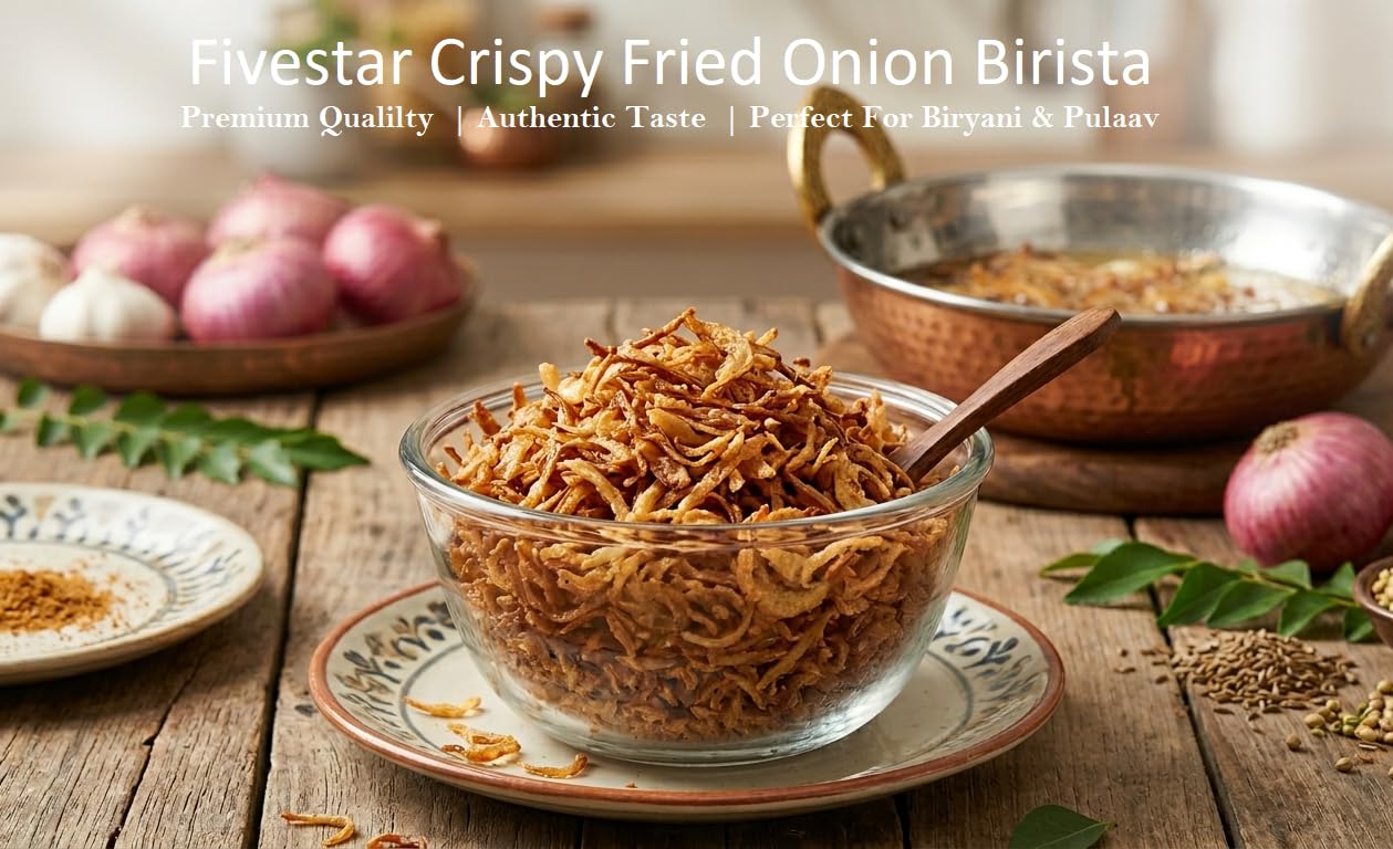 Fivestar Dehydrated Birista Crispy Fried Onion 1kg | 100% Natural, Baristaa | Crispy Onions, Hygienically Processed, Long Shelf Life, for Indian Curries, Biryani, Gravies & Noodles 1