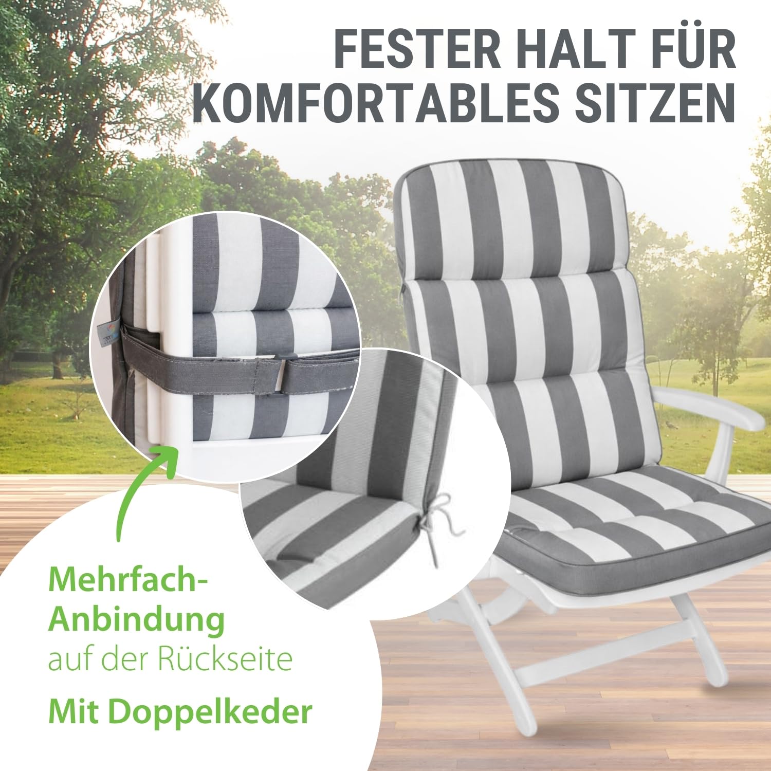 Auflage Hochlehner hellgrau gestreift I Gartenstuhl Polster 120x50x7cm I hochwertige & Pflegeleichte Sesselauflage I Wetter- & formbeständige StuhlauflageI KTH3 Sitzauflage