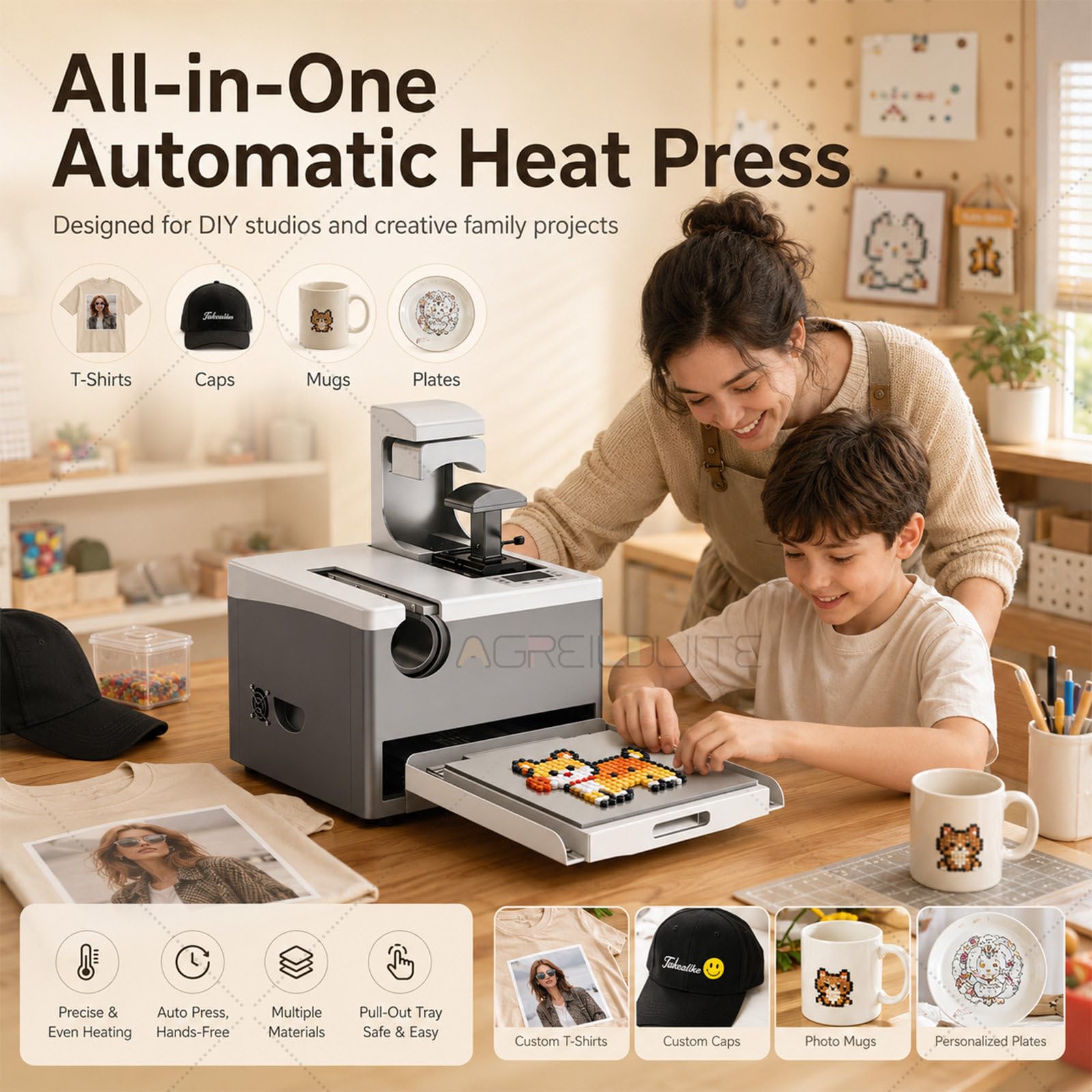 3-In-1-Heißpresse, Automatische Heißpresse Mit 15x15 Zoll Großer Flachplatte, Einstellbarer Druck, Sublimationsdrucker Für T-Shirts, Hüte Und Tassen Standard-Configuration