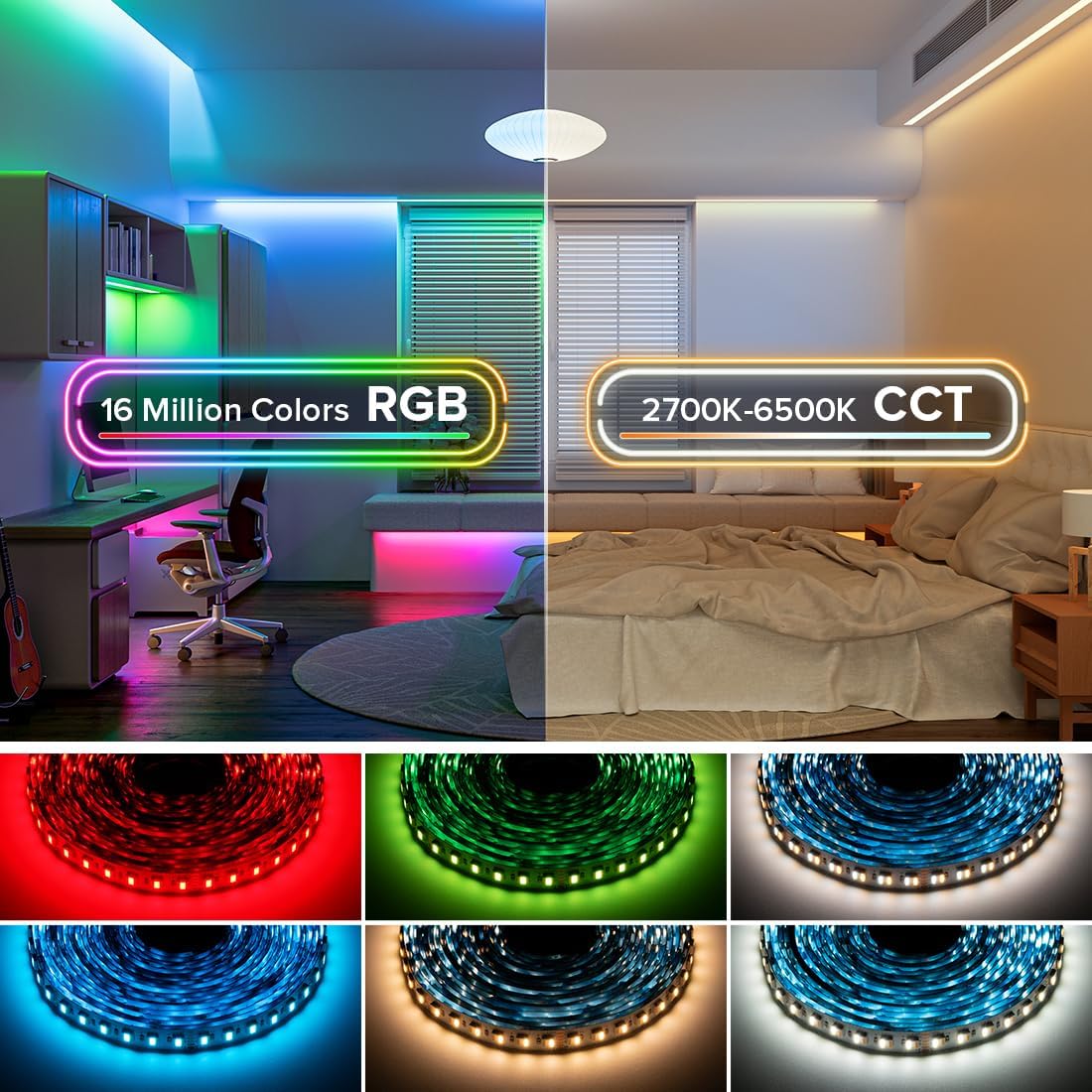 SEZO RGBCCT 5 Colors in 1 LED Strip 96LEDs/m 480LEDs RGBWW RGB+Dimmable Tunable Color Temperature 2700K-6500K IP65 DC24V 16.4FT 5050SMD RGBW LED Lights Tape for Bedroom Desk Home Decoration