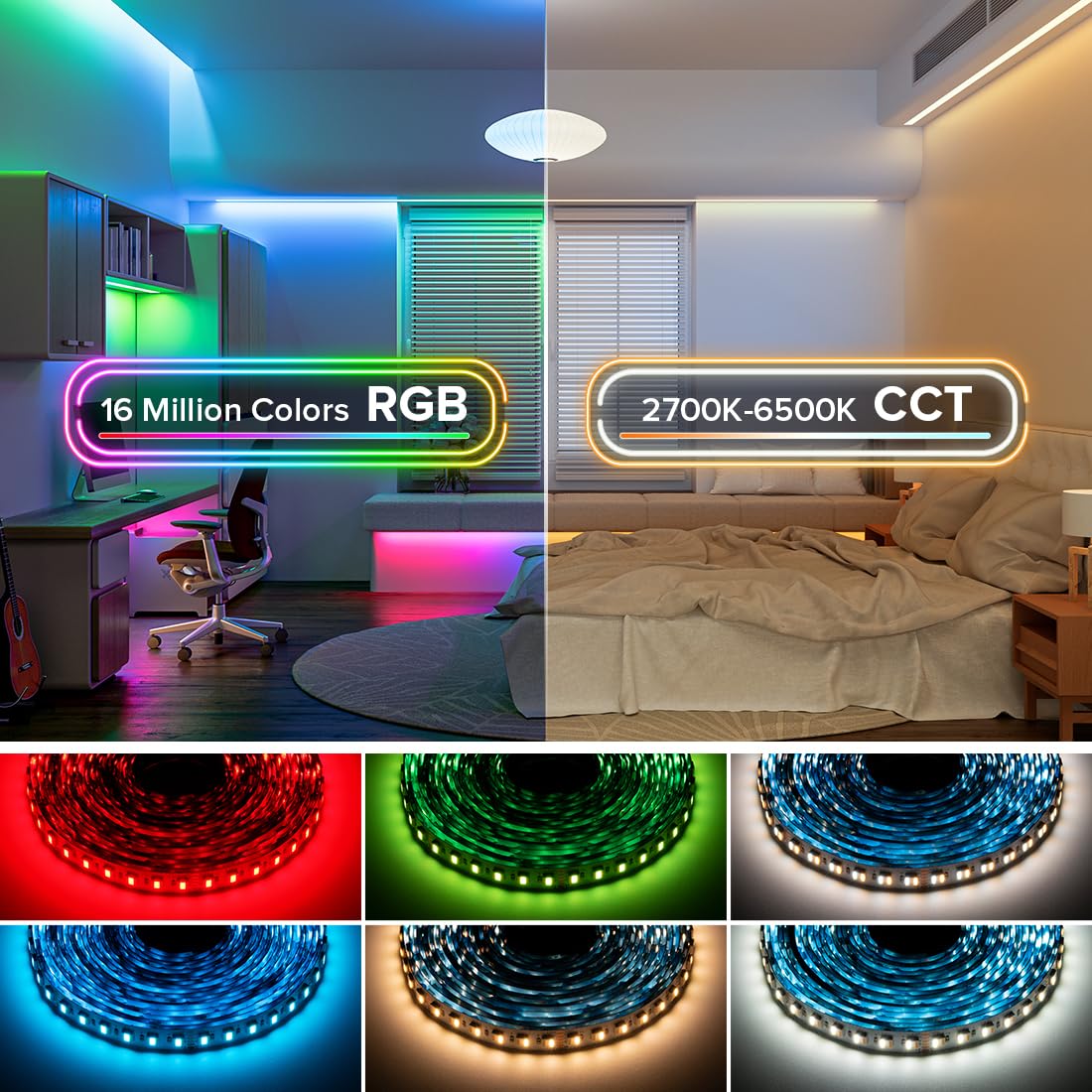 SEZO 5050 RGBCCT Ruban LED 5 en 1 RGB+ Blanc Chaud 3000K-6000K 12V 5M 96LEDs/m IP65 étanche RGBW RGBWW Bande LED ultra-lumineuse pour l'éclairage de la Maison et de la Chambre à Coucher(Blanc)