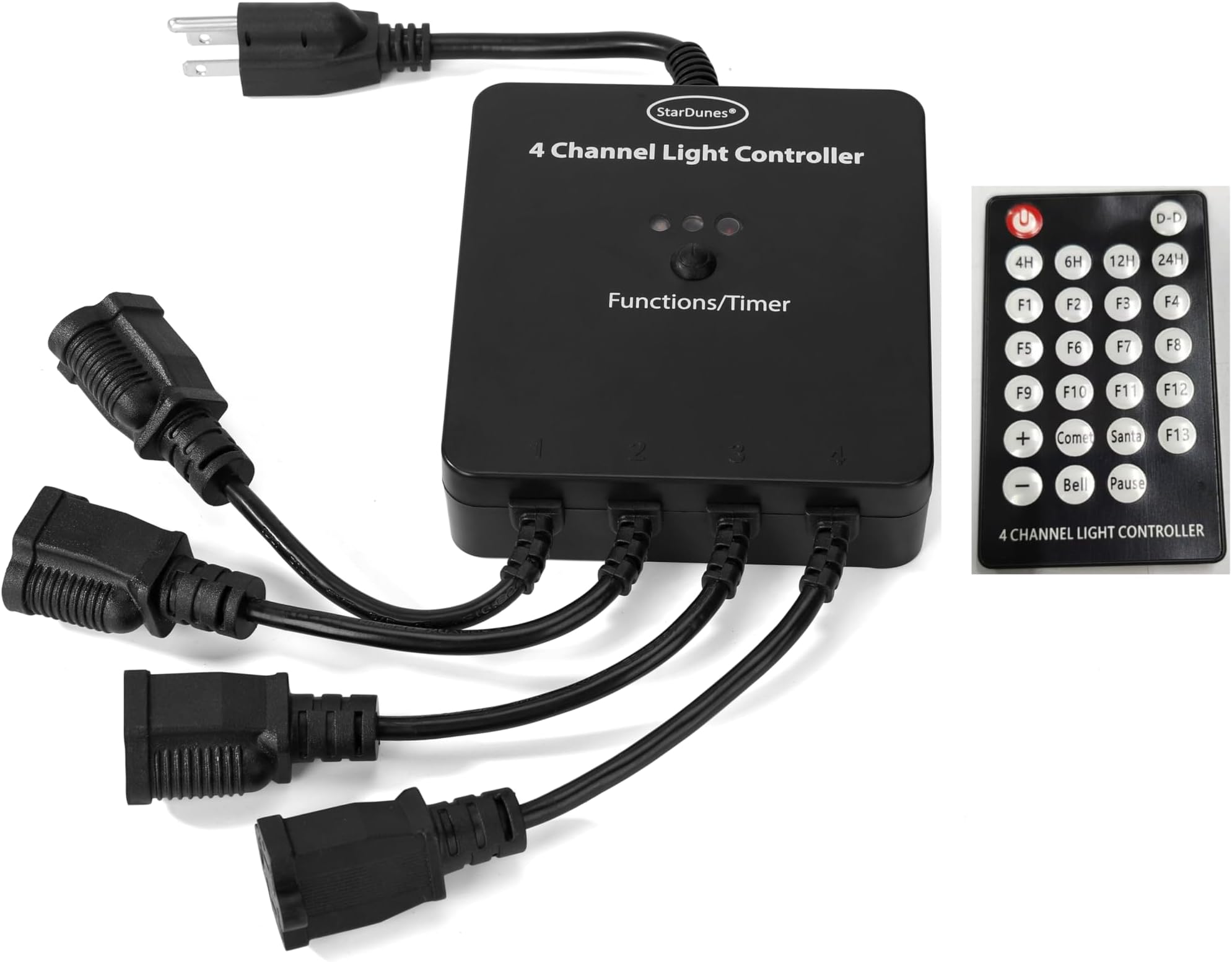4 Channel Light Controller for Holiday Lights, Christmas Lights, Outdoor Decorations. Create Dazzling Light Displays with 16 Functions, Chasing, Twinkle, Shooting Star, Stacking, Sparkle etc.