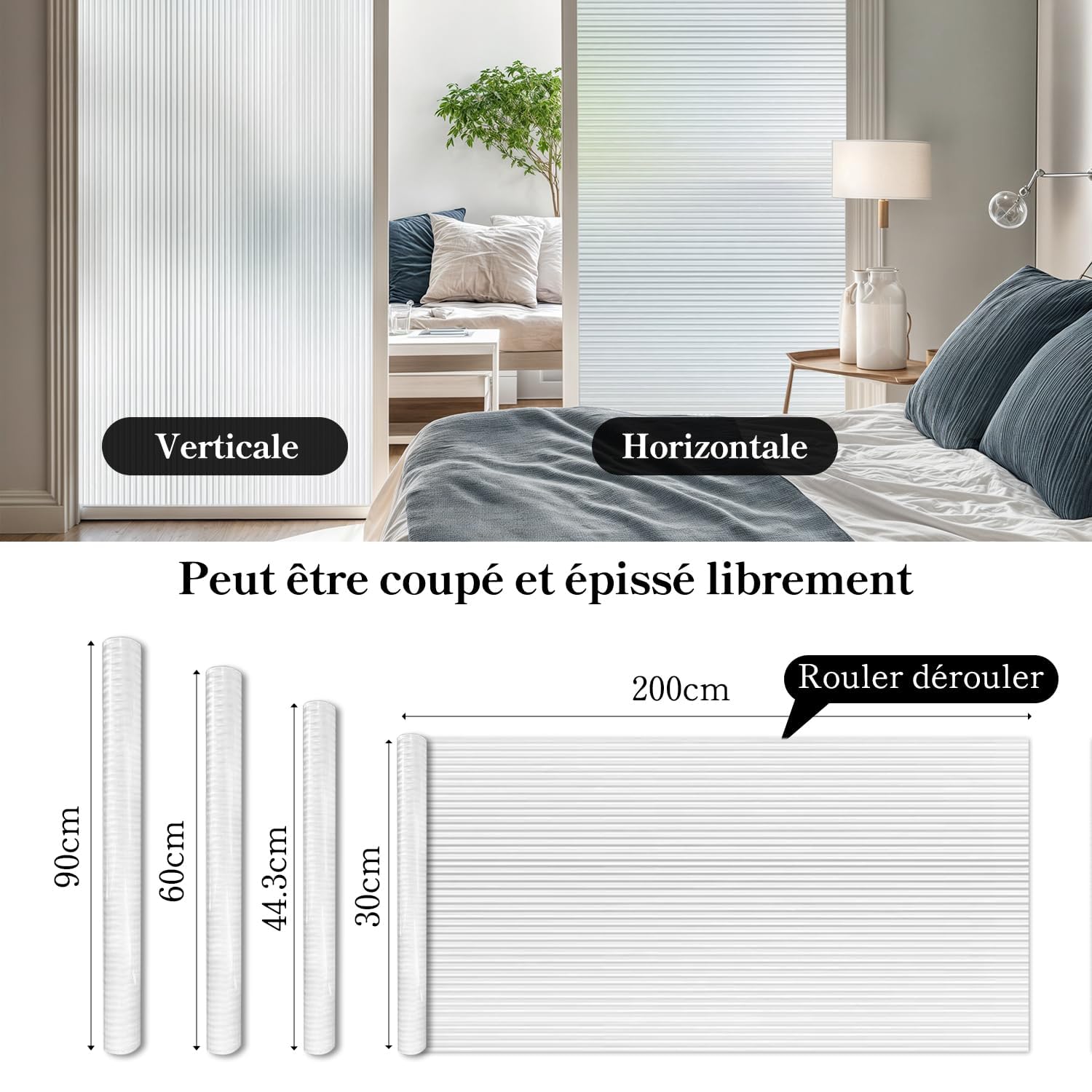 Qualsen Film Fenetre Anti Regard Motif en Roseau 90x400cm, Film Occultant Fenêtre Décoratif Brise Vue Fenetre Amovible Anti UV Films Electrostatique Vitre pour Maison Bureau, Blanc