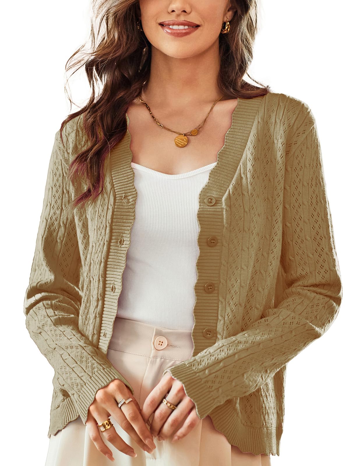 KANCY KOLEWomen's 2024 Long Sleeve Cropped Cardigan Sweaters Lightweight Crochet Button Down Cardigans Shrug S-2XL