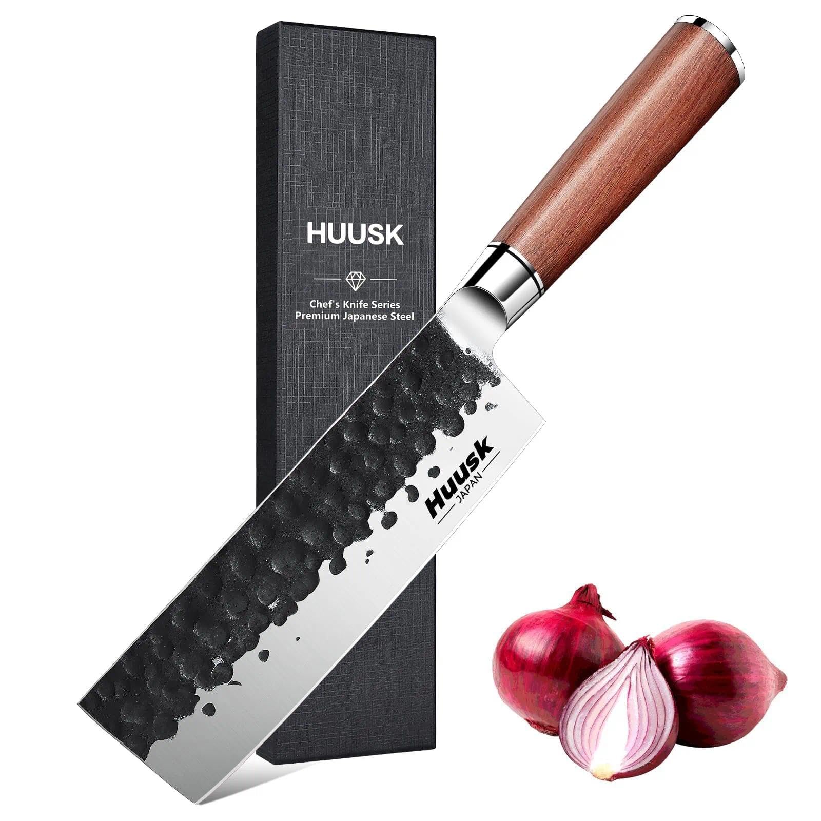 Huusk Japan Nakiri Chef Knife, 6.5 Inch Vegetable Chopping Knife, Multipurpose Japanese Kitchen Knifes, Hand Forged High Carbon Steel Cleaver, Ergonomic Rosewood Handle with Gift Box, Christmas Gifts