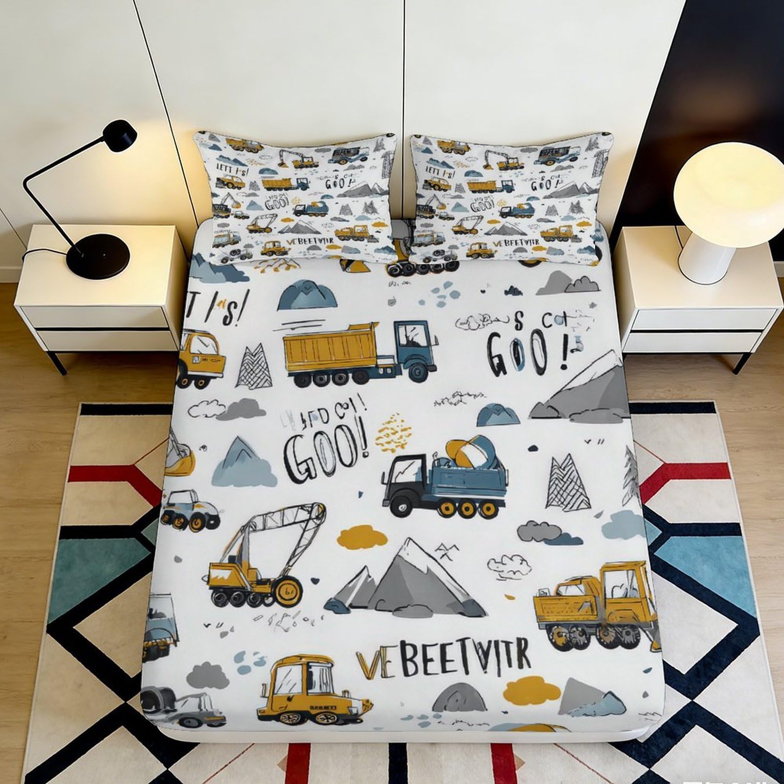 3D Printed Construction Vehicles Fitted Sheet Microfiber Anti-Slip Easy Care Mountain Trucks Bed Cover for Bedroom Dorm 160x200x25cm