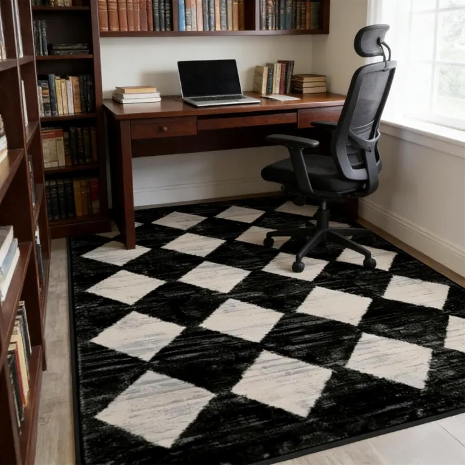 Checkered Rug 3x5 Washable Black Distressed Diamond Rug Non Slip,Soft Indoor Floor Carpet for Living Room, Bedroom, Entryway,Kitchen