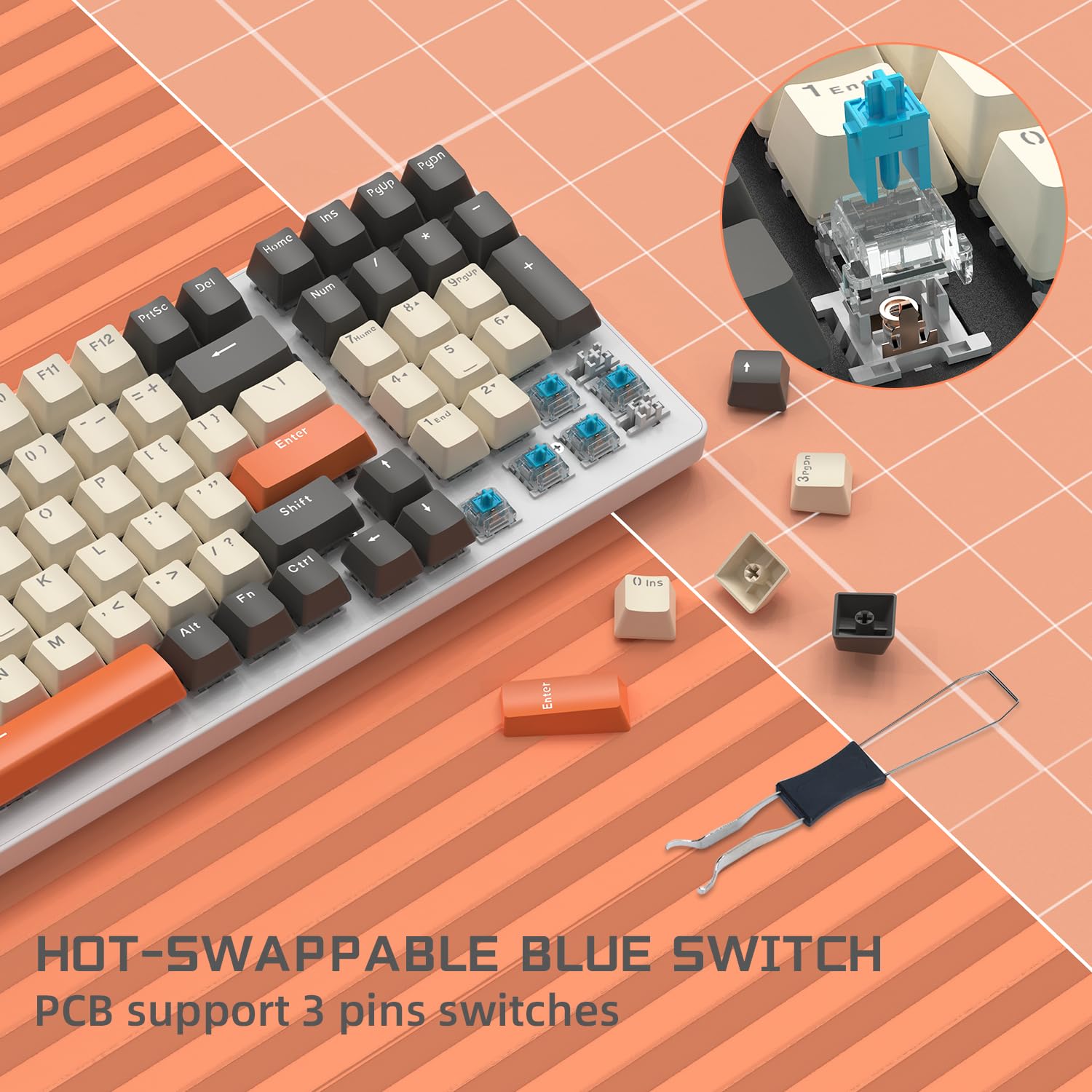 MAMBASANKE K6 Pro 96% 3 Modos Teclado mecánico para Juegos Hot Swap 4000mAh 2.4Ghz/Bluetooth 5.0/Teclado con Cable con Cable USB en Espiral Tipo-C 9 RGB Interruptor Azul retroiluminado -Shimmer