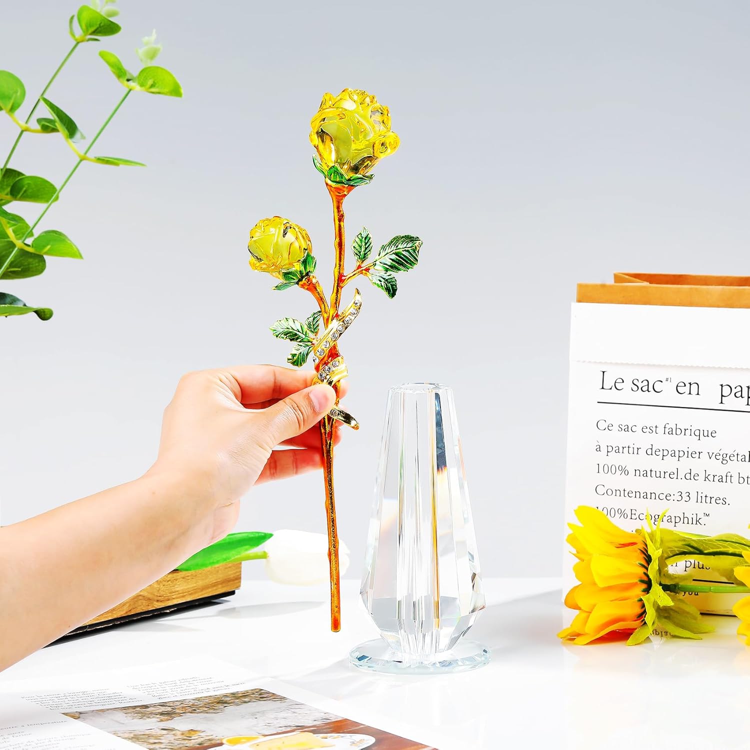 YWHL Handmade Yellow Rose Flower Crystal Figurine with Vase, Bouquet Glass Flowers Ornament Rose Gifts for Women Mom Wife, Crystal Flowers Home Decor for Anniversary Mother's Day Wedding