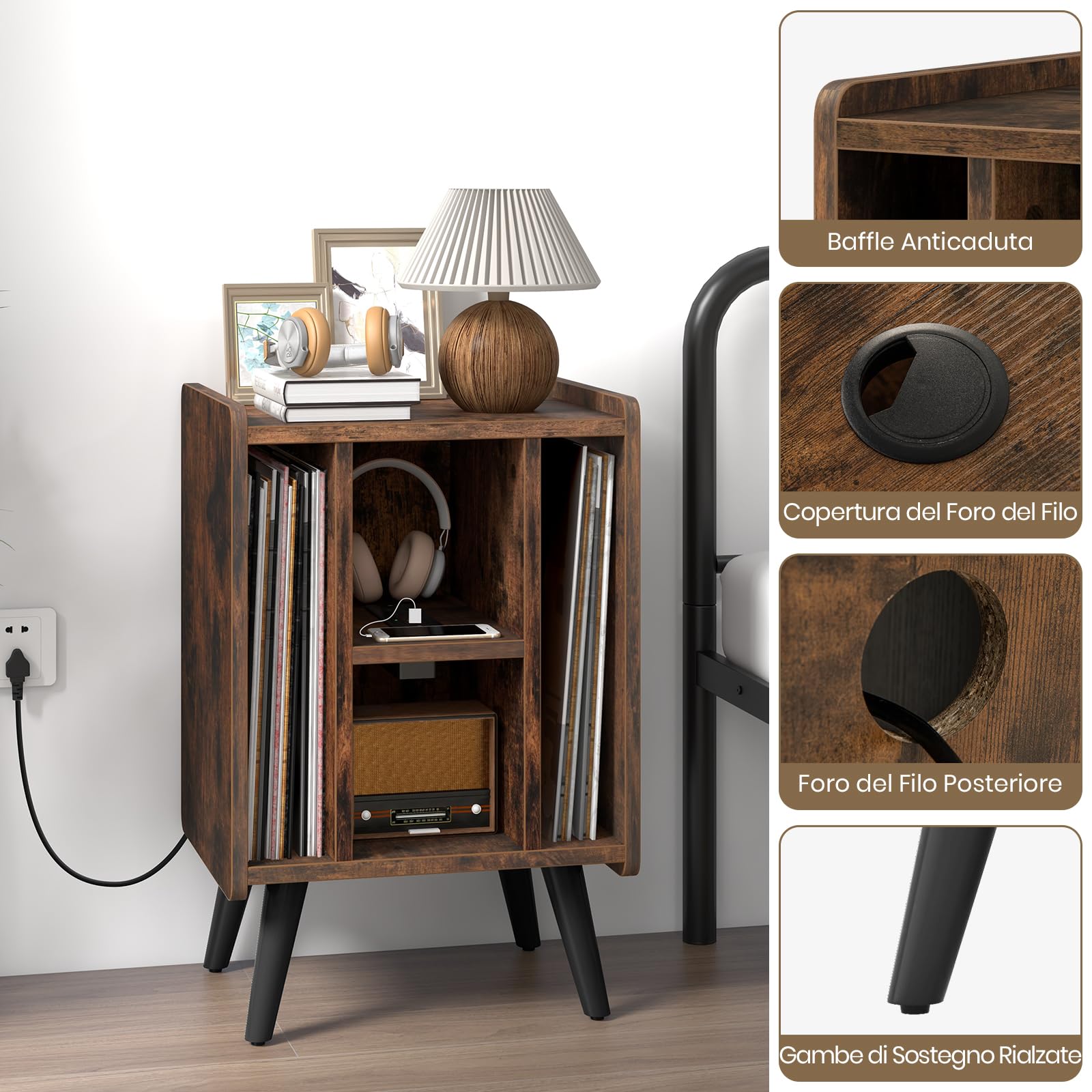RELAX4LIFE Supporto per Giradischi con Stazione di Ricarica, Porta Vinili con 4 Scomparti Aperti, Espositore per Dischi, Carico Max 90kg per Ufficio, Studio, Camera da Letto (Marrone)