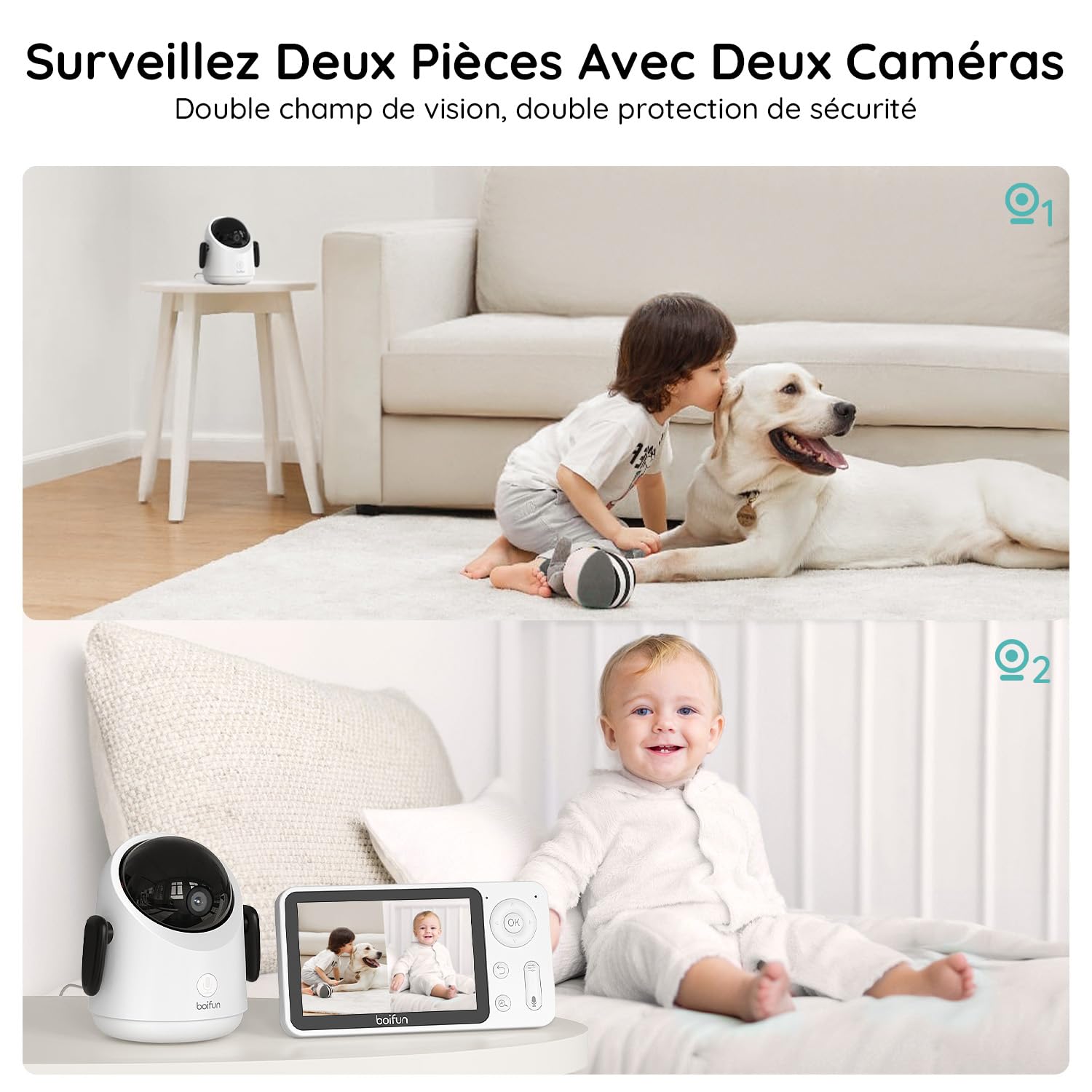 BOIFUN Babyphone 2 Cameras, Écran Divisé, Application Mobile et Moniteur 4,3" 1080P, Détection Intelligente, Suivi Automatique 360°, Zoom 4X, Double Protection de la Vie Privée