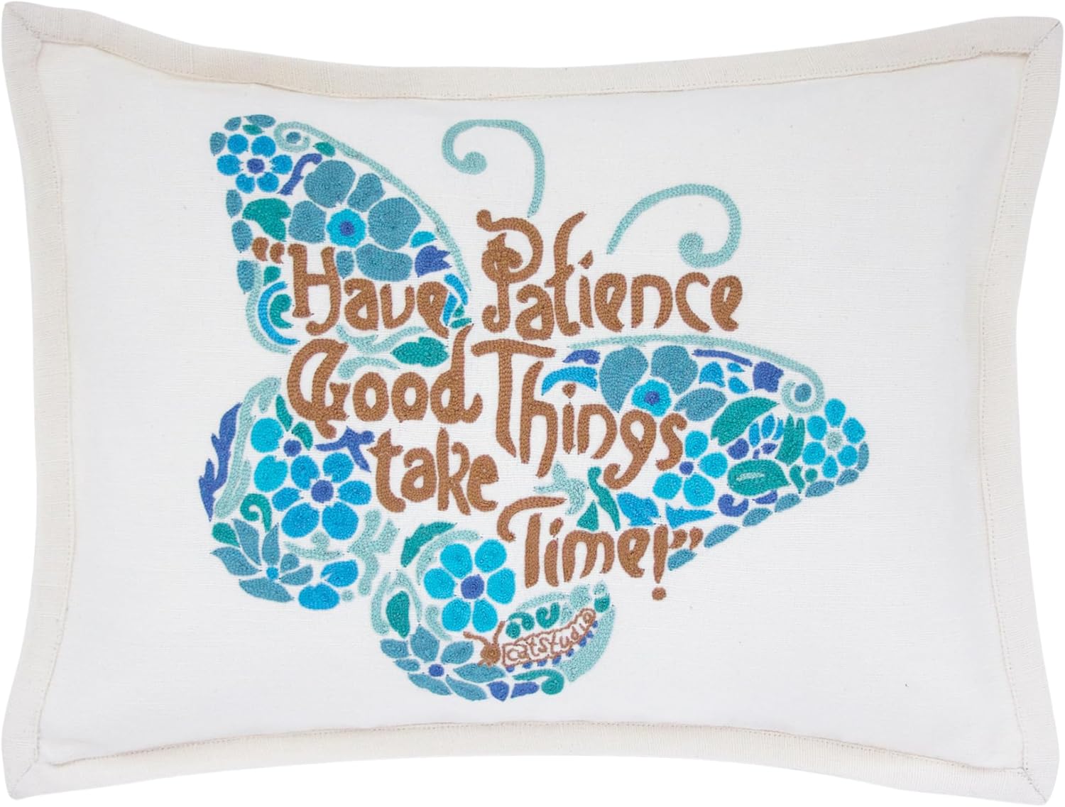 Catstudio Patience Blue Butterfly Hand Embroidered Pillow, Love Letters Spring Decorative Throw Pillows, Embroidered Butterfly Pillow, Perfect for Mother's Day