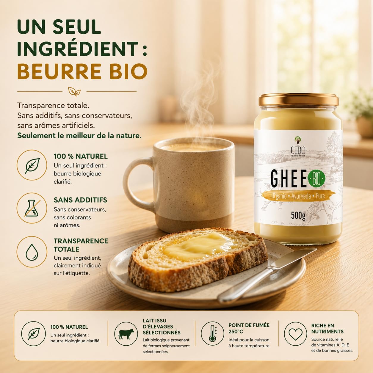 Cibo Ghee Bio 500g - Lait de Parme et Reggio Emilia - Fabriqué en Italie - Vaches de Pâturage - Point de Fumée 250°C - Issu de Crème Centrifugée