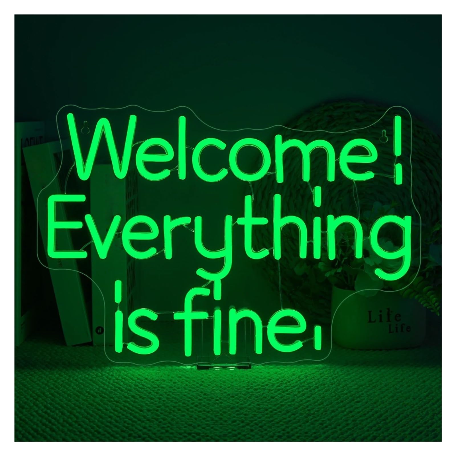 Luces de neón Letrero De Neón Welcome Everything Is Fine Regulable Con Letras Verdes Inspiradoras Para Decoración De Pared De Tiendas Pasillos Dormitorios 42cmx28.5cm