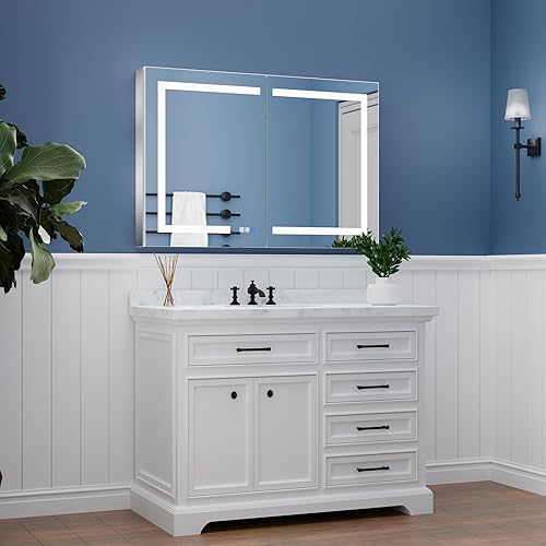 Miniatura 9 de ExBrite Botiquín de baño iluminado con espejo, 44 x 30 pulgadas, botiquín empotrado o de superficie, desempañado, atenuación continua, cambio de