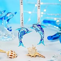 Vista 4 de Adorno de delfín de cristal de 2 pulgadas para árbol de Navidad, decorativo colgante de vidrio soplado, mini figura de delfín azul