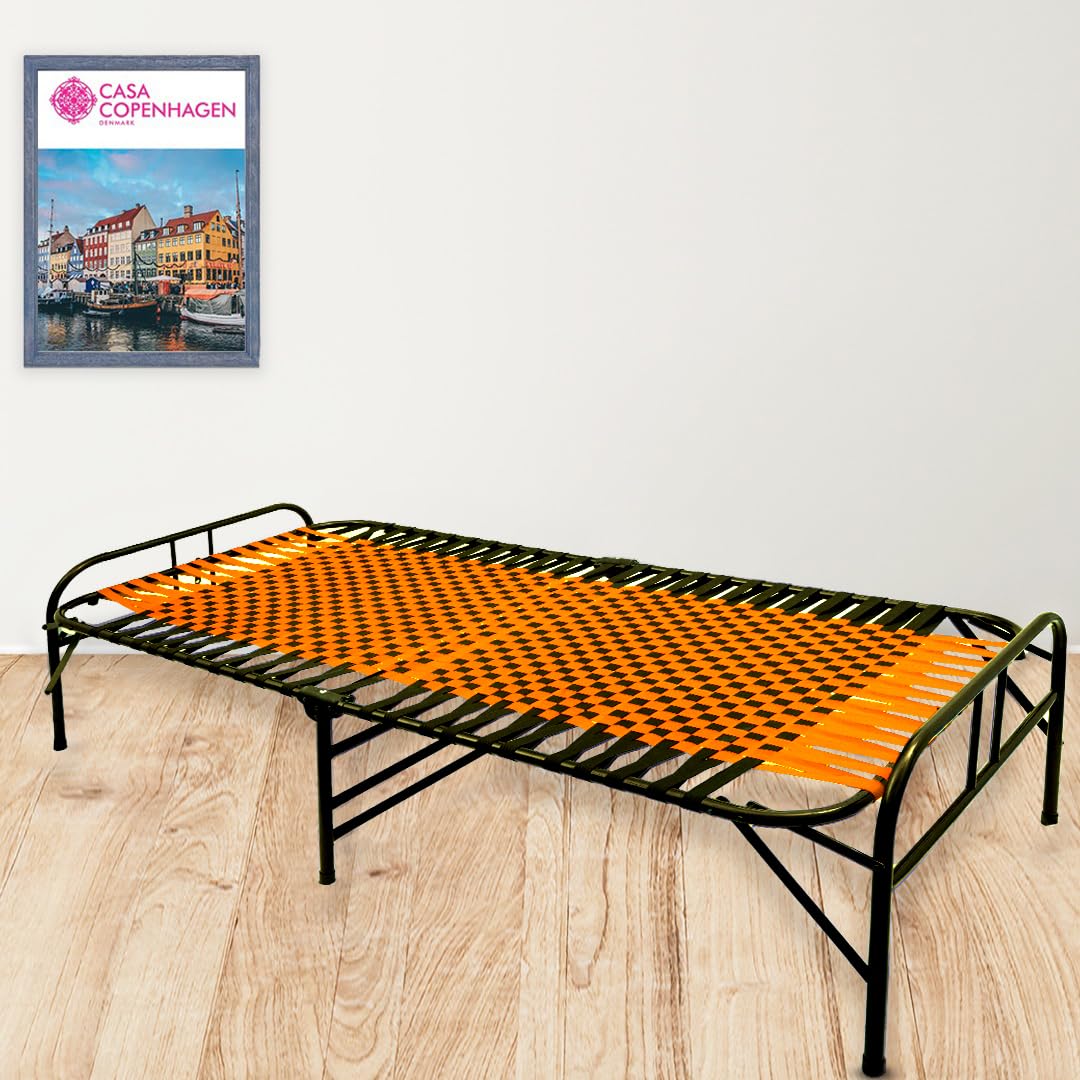 Casa Copenhagen, Portable Single Folding Bed Heavy Duty Metal Cot Khat for Sleeping Bed Space Saving Design Sturdy Synthetic Niwar feet - Orange & Jet Black-image-23