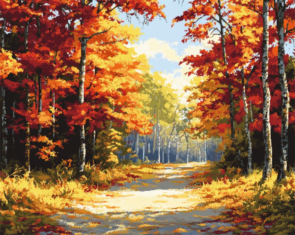 Henypt Crafts Stamped Cross Stitch Kits Preprinted Pattern Counted Embroidery Autumn Forest Landscape Starter Kits for Beginner and Adults Stamped 11Ct Adult Craft Kits