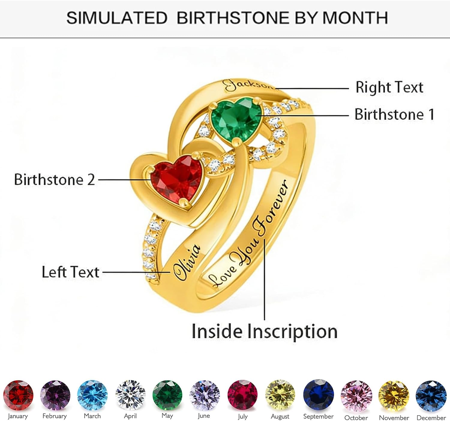 10K 14K 18K Gold Personalized Birthstone Rings for Women Custom 1-4 Names Heart Promise Ring Engraved Engagement Ring Birthday Jewelry Gift for Mom Wife