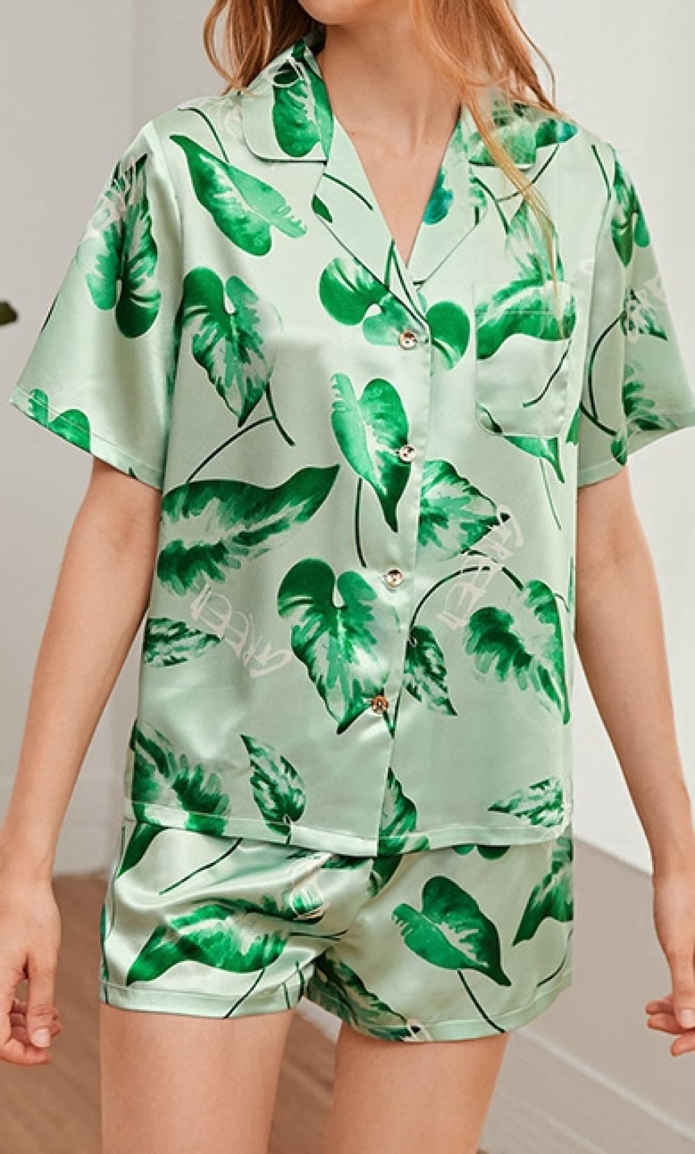 Pijama De Mujer Manga Corta,Estampado De Hojas Verdes Solapa Pijama De Manga Corta Para Mujer Conjunto De 2 Piezas Pijama Suave Y Cómodo Para Mujer Ropa De Descanso Regalo Del Día De La Madre Para