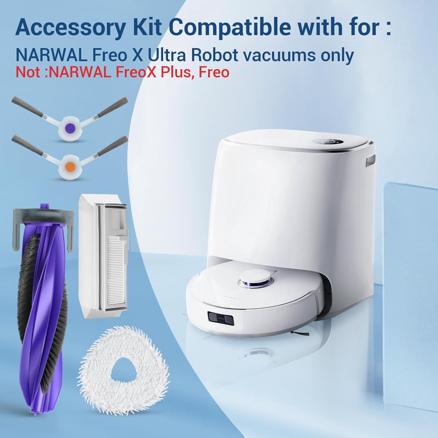 20Pcs Replacement Parts for Narwal Freo X Ultra Accessories Robot Vacuum Cleaner Spare Kit, 1 Main Roller Brush, 4 Hepa Filters, 4 Mop Pads, 4 Dust Bags, 6 Side Brush,1 Clean Tool