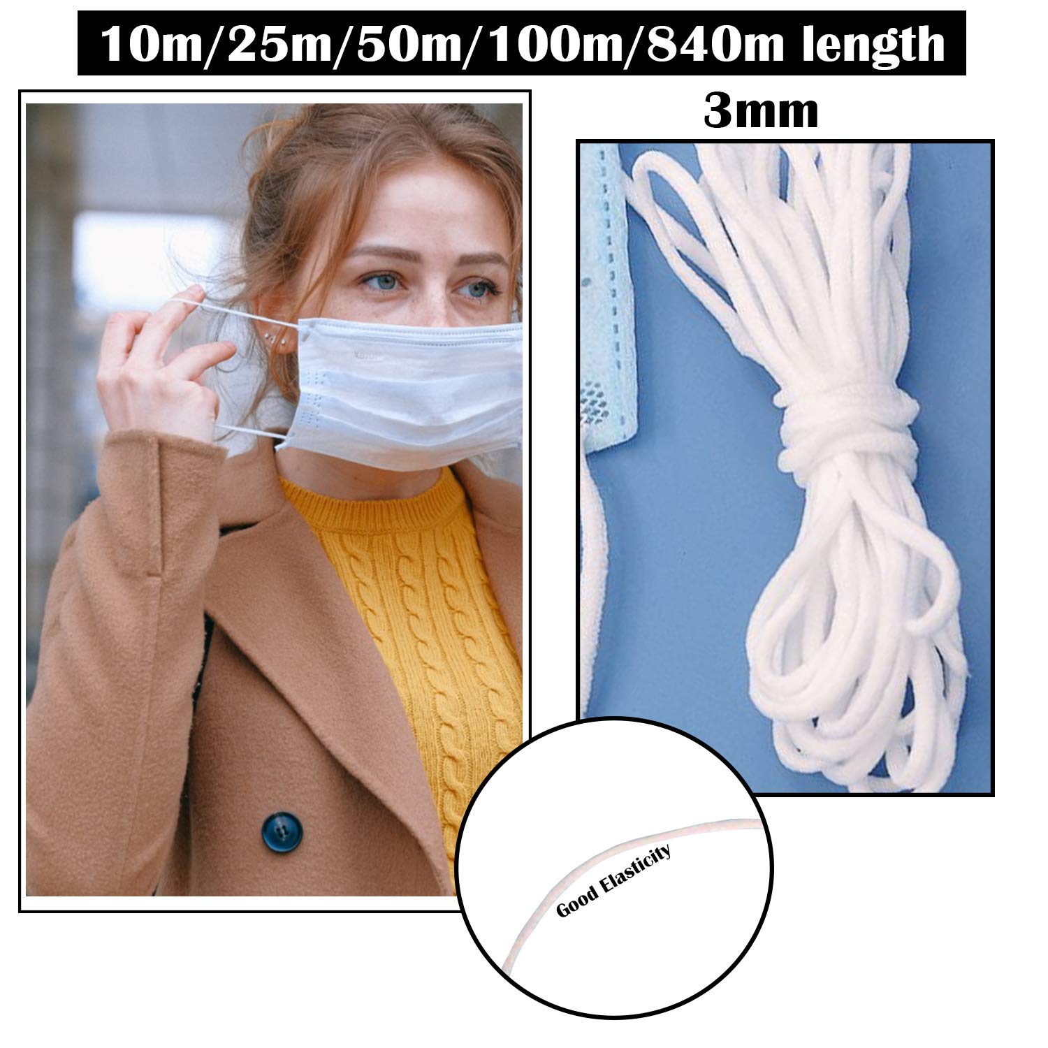 Cordoncino elastico rotondo, 2 mm, modello: MAGGIE, confezioni per 3m | Merceria e Tessuti