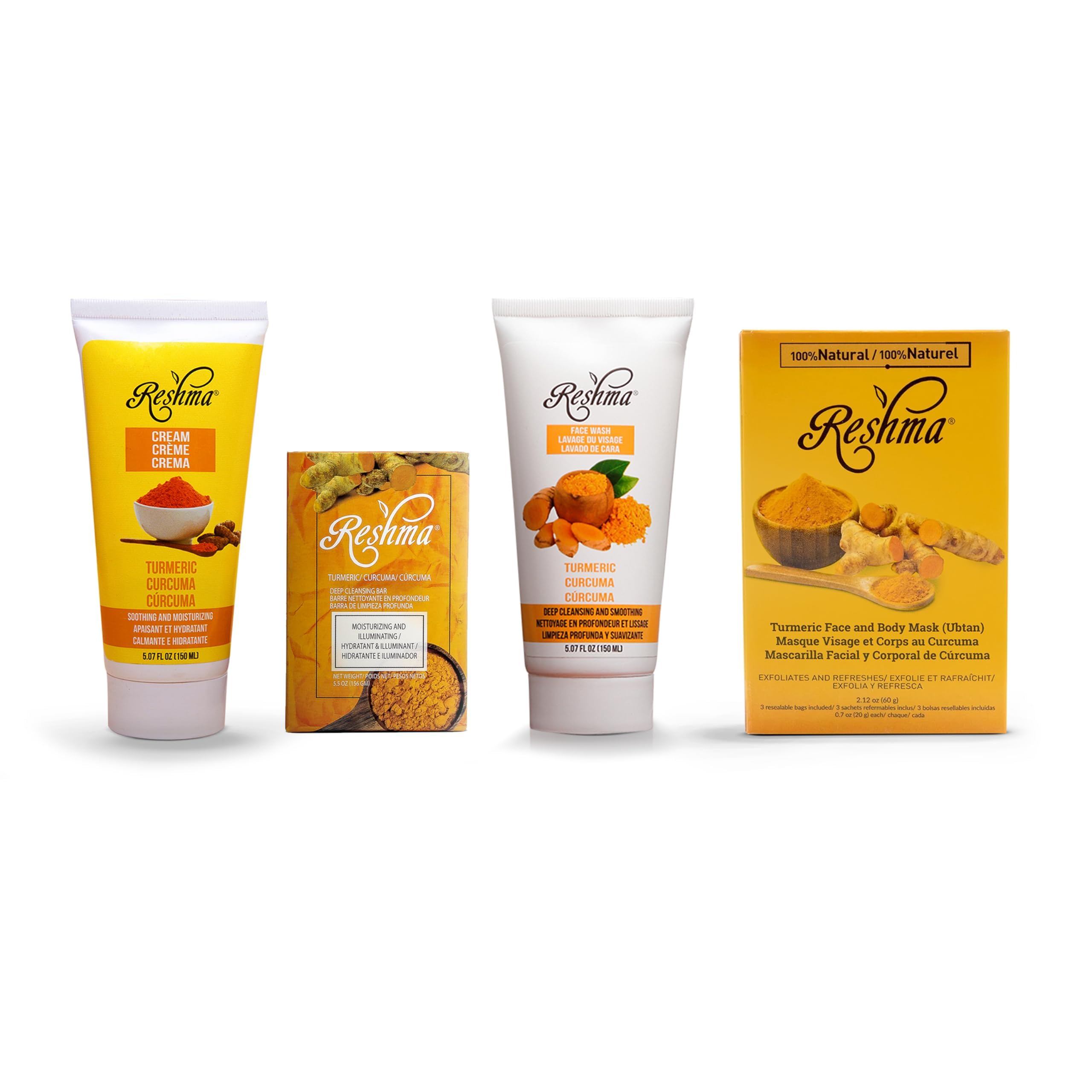 Reshma Beauty Turmeric Gold Skincare Bundle, Face Wash, Cream, Face Mask, and Soap, Good for All Skin Types, Cruelty-Free, For Daily Use, Pack of 4