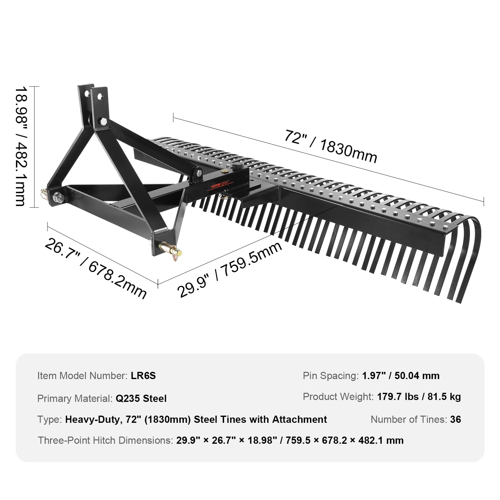 VEVOR Remolque detrás de la Escarificadora, 759,5 x 678,2 x 482,1 mm con 36 Púas de Acero, Rastrillo de Césped de 3 Puntos con Accesorios para Tractor, Rastrillo de Paisaje para Jardín, Granja, Césped