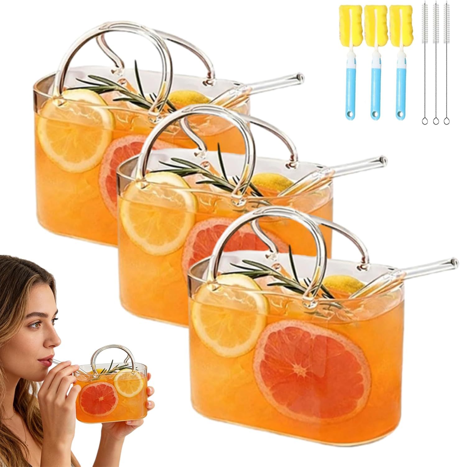 Purse Drinking Bag Glass, Unique Handbag Shaped Cocktail Glasses with Straw, Creative Bag Shape Cup, Cute Glass Purse Centerpiece for Party, Wedding, for Fruit Juice, Tea, Flowers (4pcs)