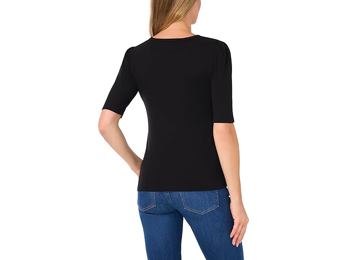 Puff Elbow Sleeve Round Neck Fitted Top - Image 1