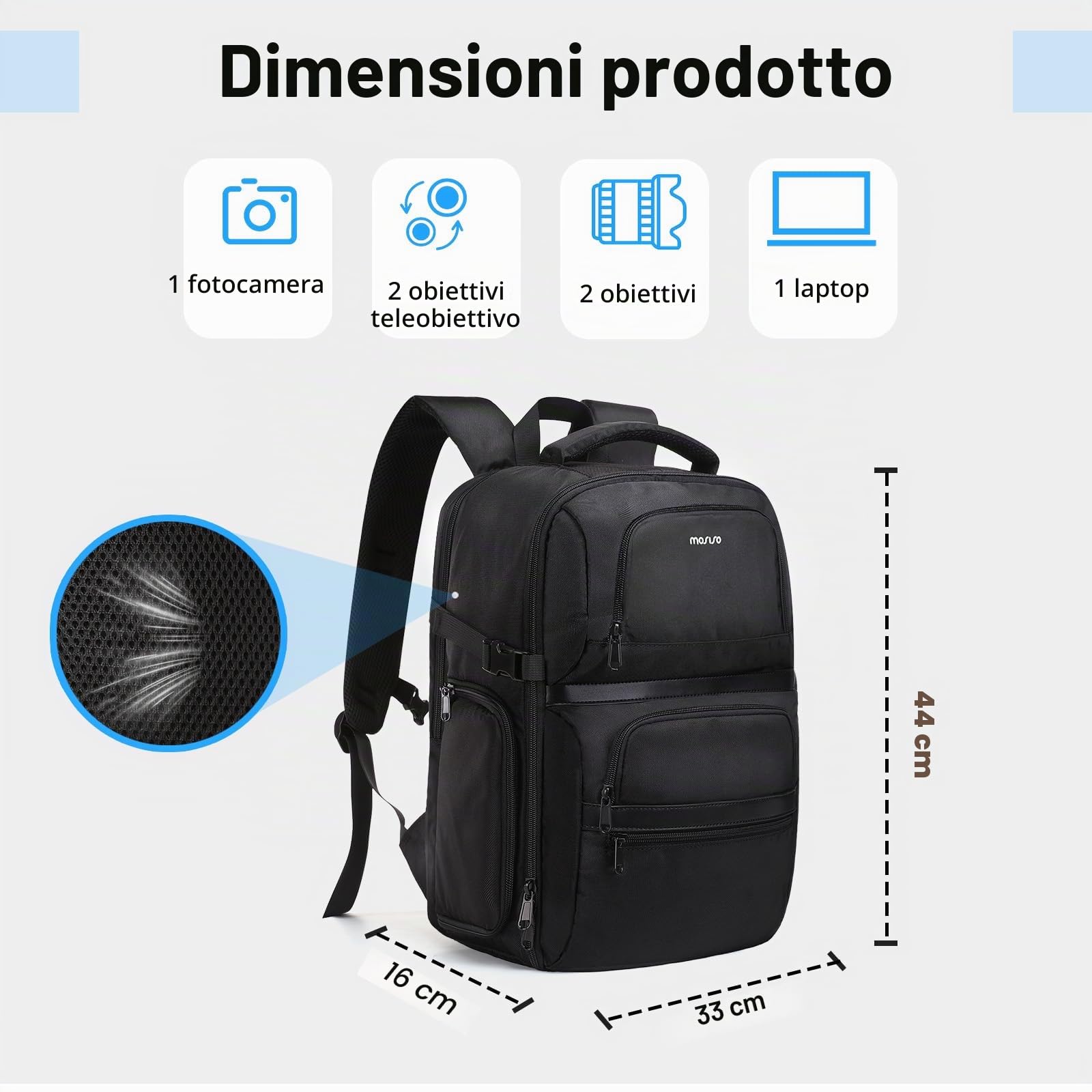 MOSISO Zaino Fotografico,Borsa Viaggio Fotocamera DSLR/SLR/Mirrorless con | Accesso Rapido Laterale E Scomparto Laptop 15-16 pollici&Rain Cover&3 Tasche Anteriori Compatibile con Canon/Nikon/Sony, Nero