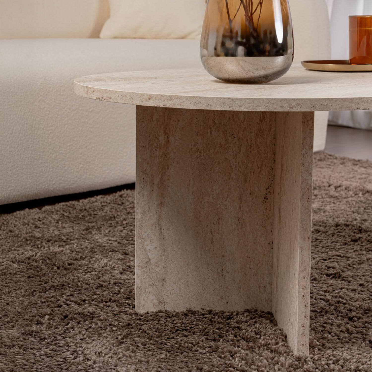 CONCEPTO FÁBRICA | Mesa baja ovalada 119 x 60 cm Acabado Travertino LYU | Elegancia Mineral y Estilo Natural | Madera Melaminada resistente | Diseño suave y contemporáneo | Salón Mediterráneo o
