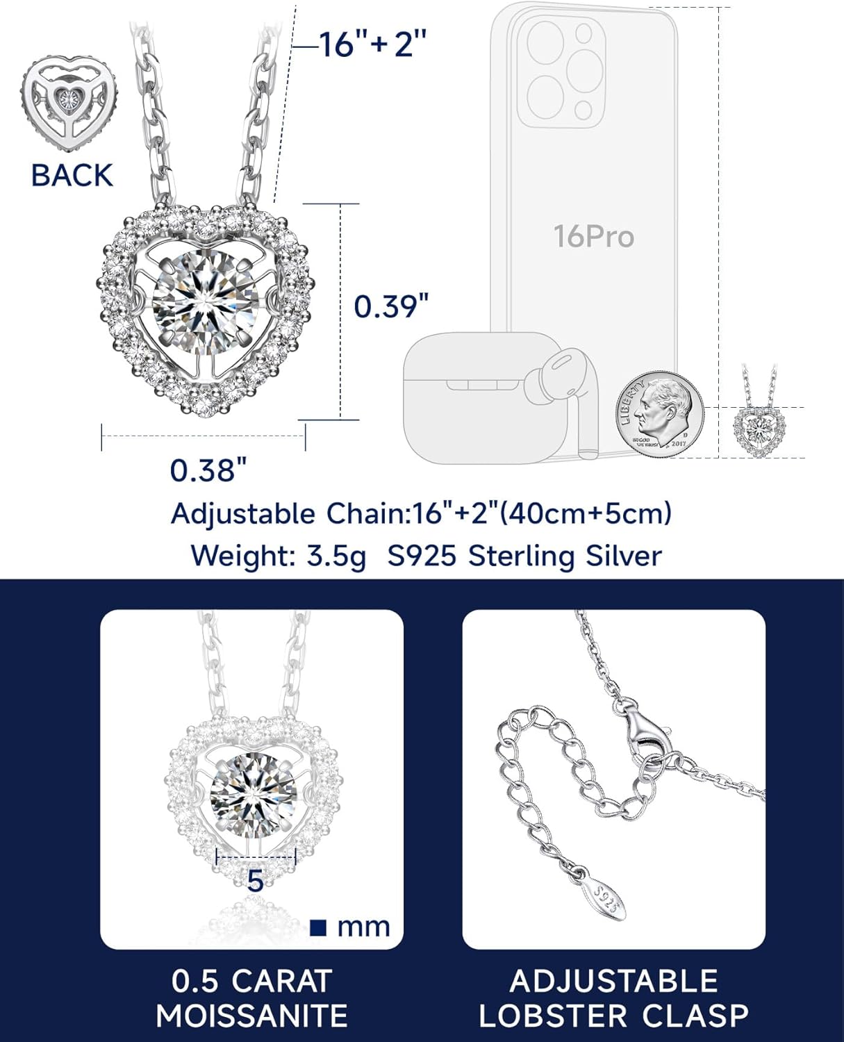 MomentWish Dancing Heart Necklace for Women, 0.5/1 Carat Dancing Moissanite Necklace for Her 925 Sterling Silver Pendant Anniversary Birthday Christmas Gift for Wife Mom Girlfriend - Image 7