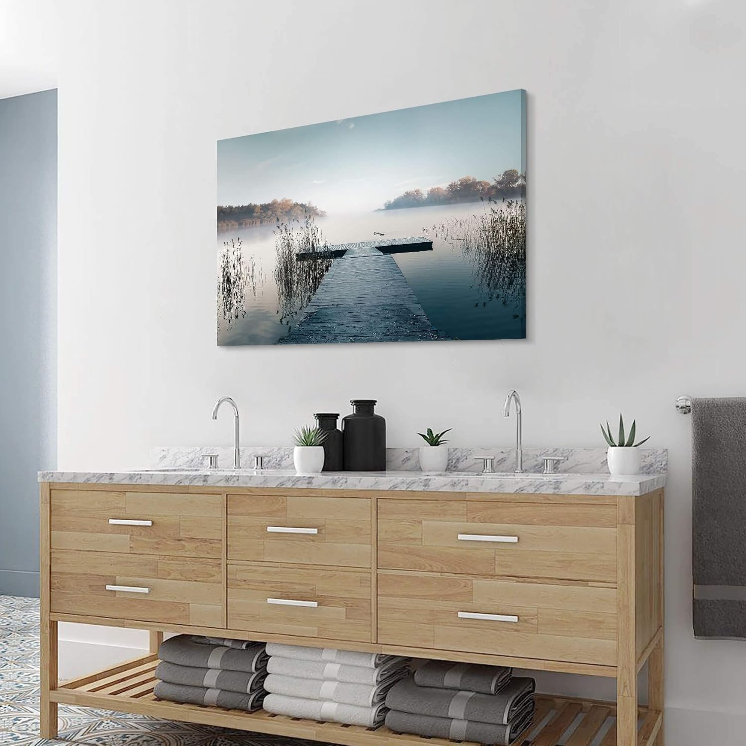 Nature Landscape Canvas Wall Art: Framed Natural Lake Scene Picture Prints Bridge Dock Scenery Painting Artwork for Home Living Room Bedroom Office Wall Decor 24x16 inch
