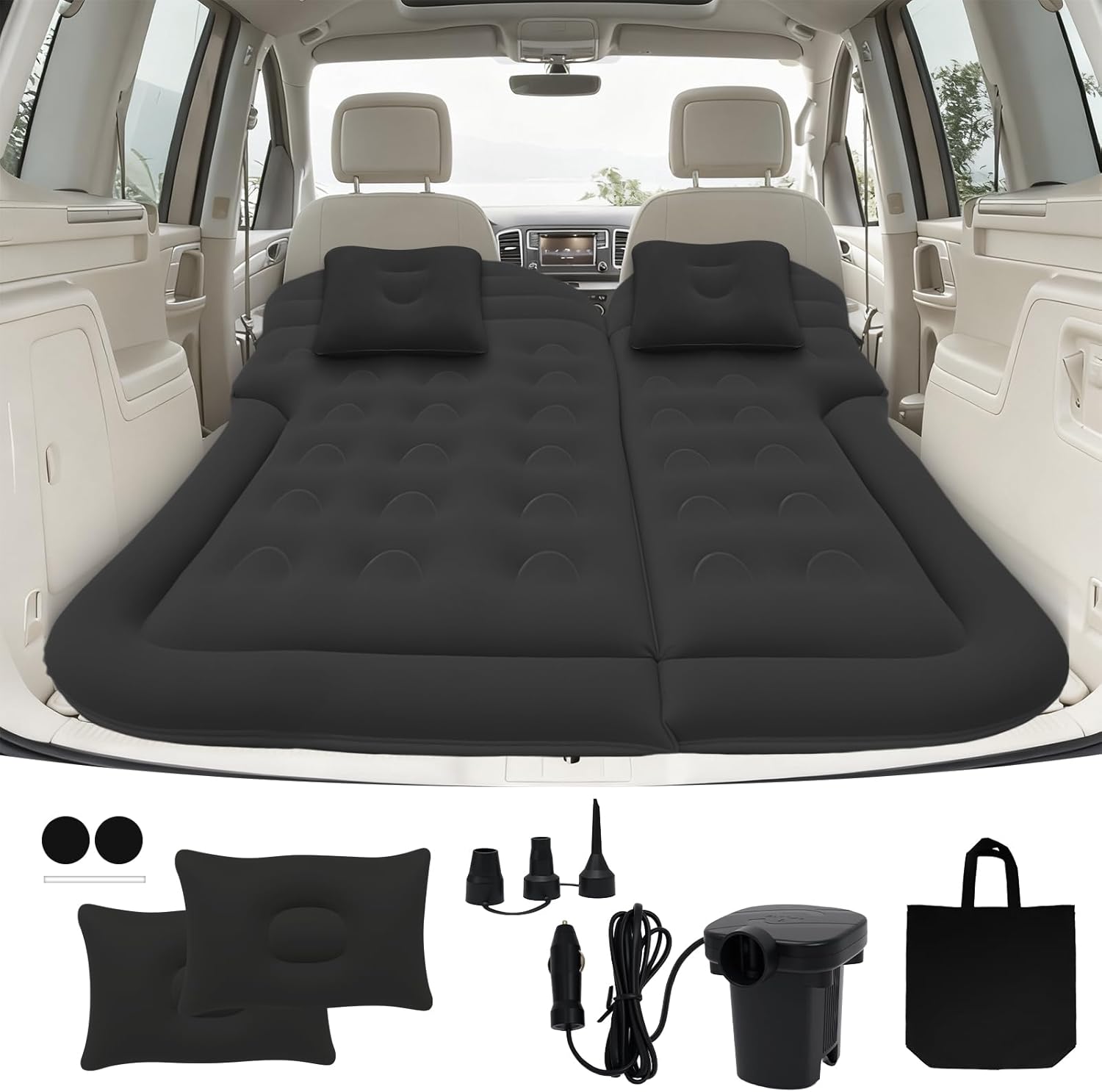 Car Air Mattress - Inflatable Bed SUV Mattress for Cars RV Truck Backseat Trunk, Portable Camping Bed Flocked Airbed Sleeping Mat for Vehicle Travel Road Trip Indoor&Outdoor Activities (Black)