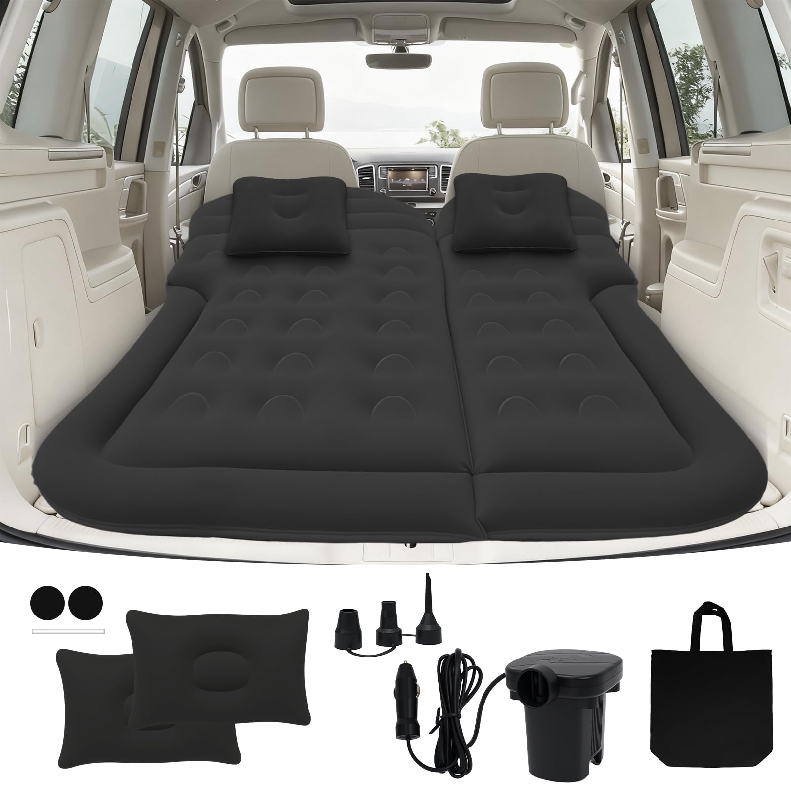 Colchón para Coche Hinchable Impermeable SUV con Bomba de Aire 12V y 3 Adaptadores Negro