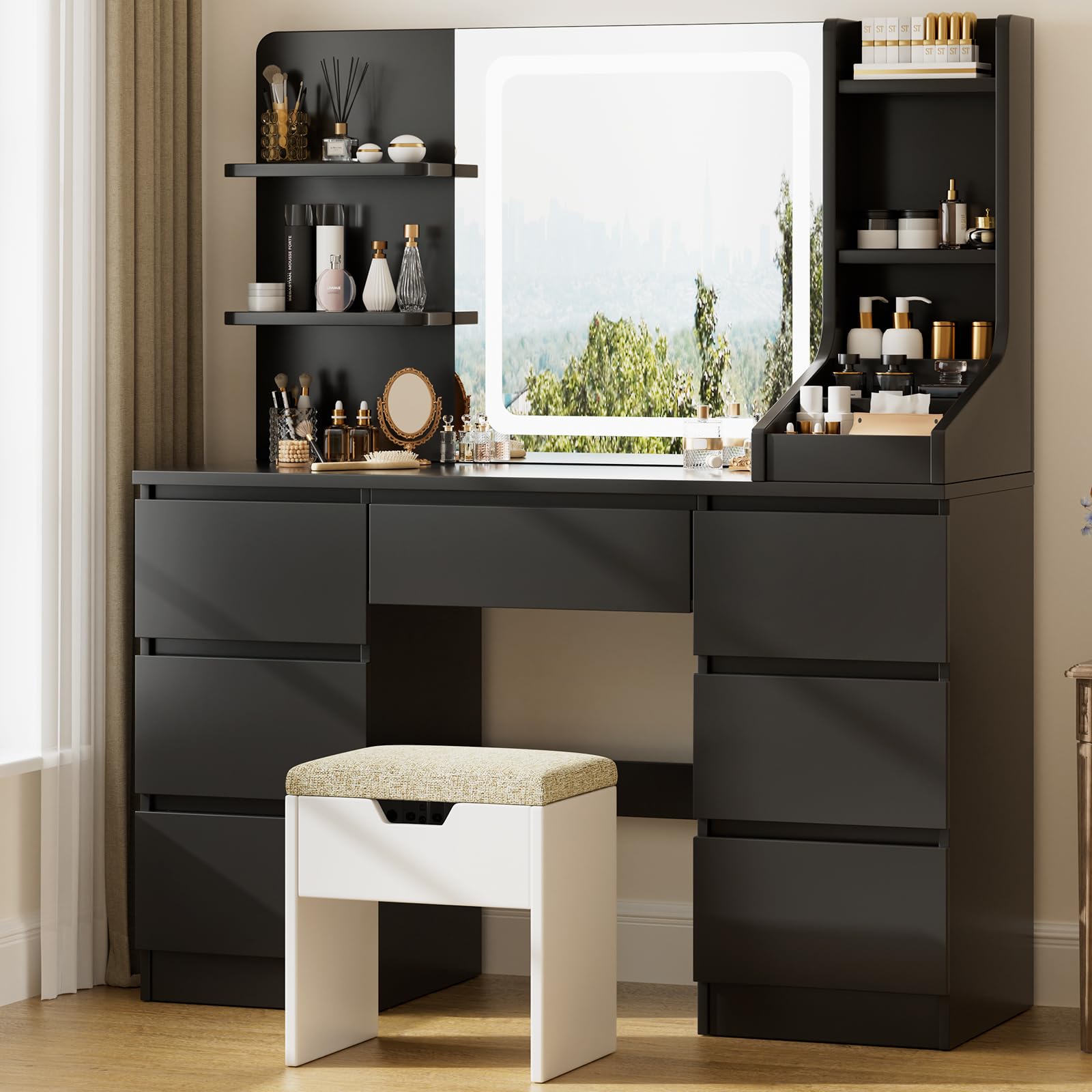 Toeletta Trucco Con Luce LED E Specchio - Tavolo Con 2 Cassetti E Sgabello, Nero Moderno - Foto 10