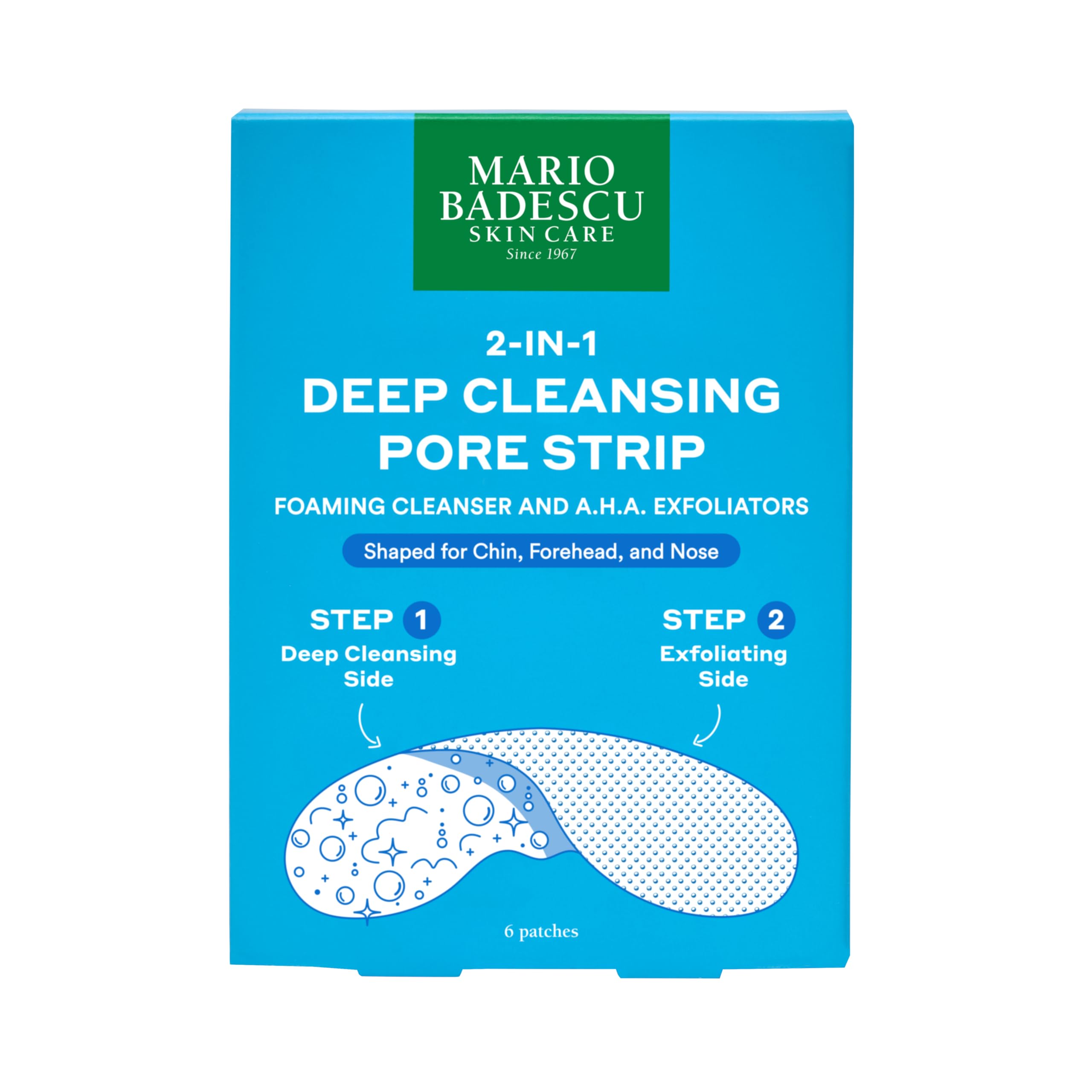 Mario Badescu 2-in-1 Deep Cleansing Pore Strip, Dual Action Foaming Cleanser and AHA Exfoliators Patches for Nose, Chin and Forehead, Removes Whiteheads, Blackheads and Sebum, 6 Pack