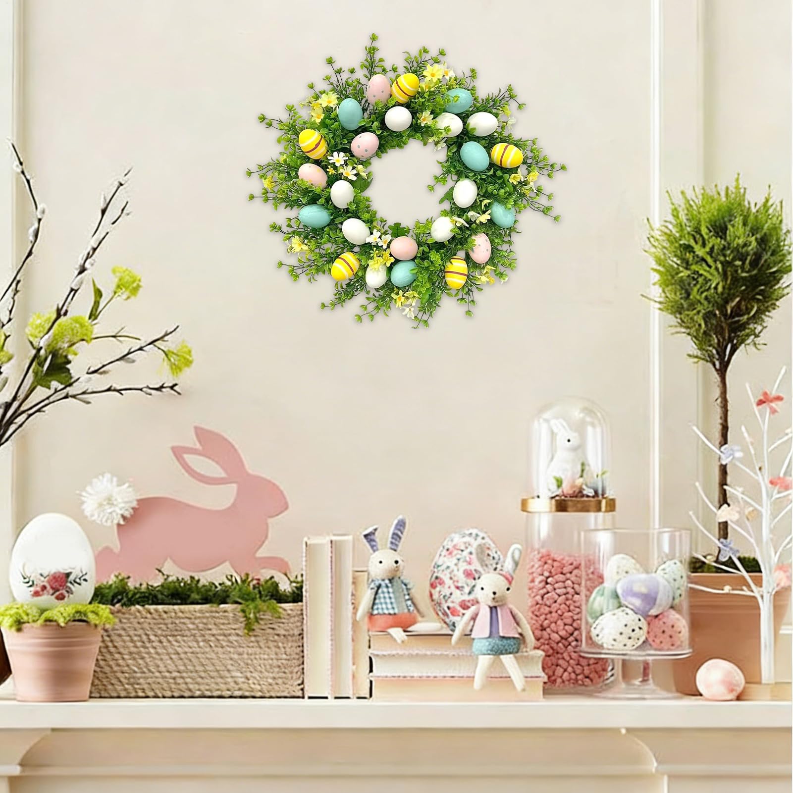 Corona di Pasqua Decorazione Per La Casa Con Uova E Fogliame Artificiale | Decorazione Ghirlanda 50 Cm per Porta d'Ingresso per Parete Finestra Porta Tavolo Soggiorno Camera Esterno Interno