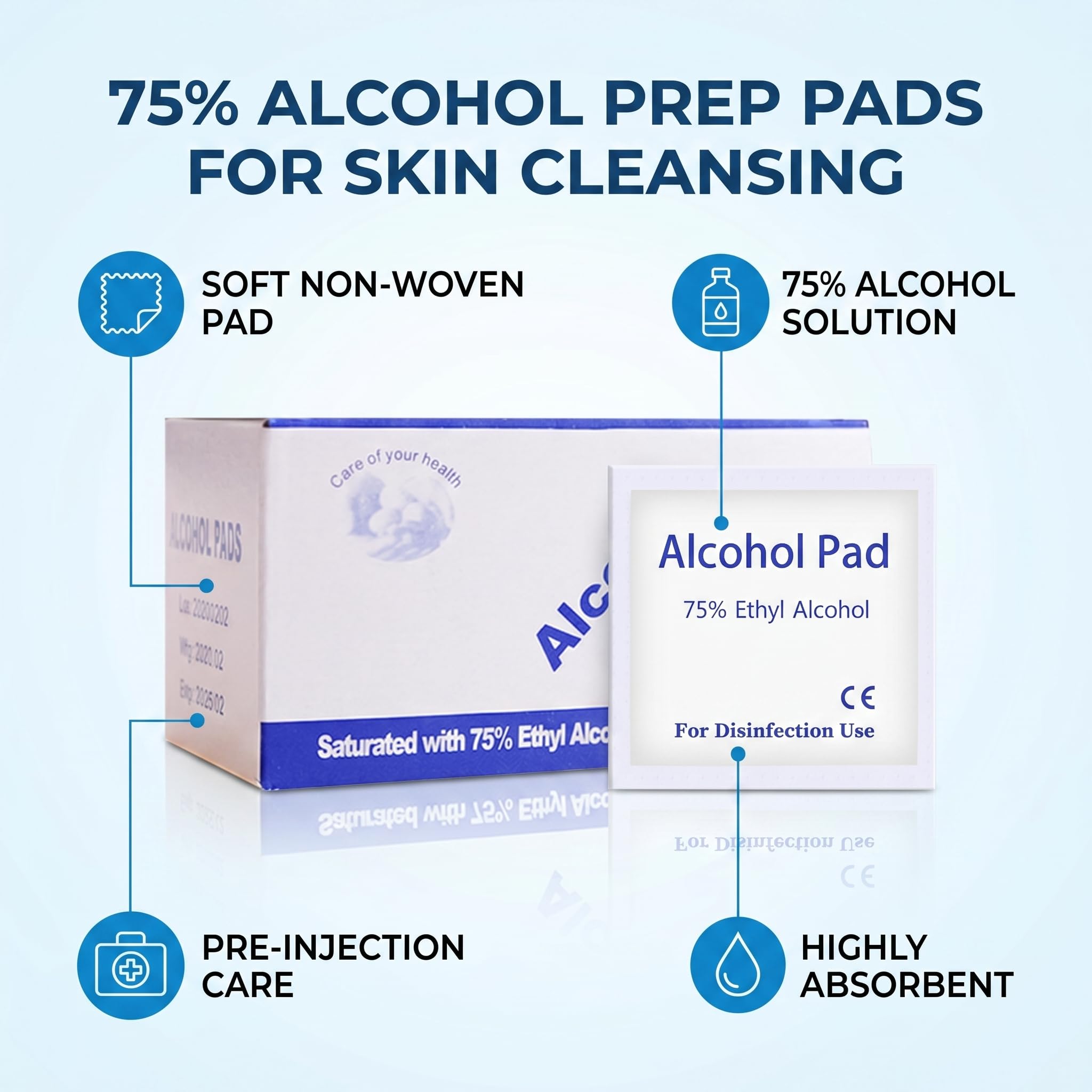 Cuidado Toque Toallitas de Alcohol Envueltas Individualmente, 100 Pcs 75% de Alcohol Toallita Húmeda Bien para Kits Médicos y Primeros Auxilios para el Hogar (WHITE)