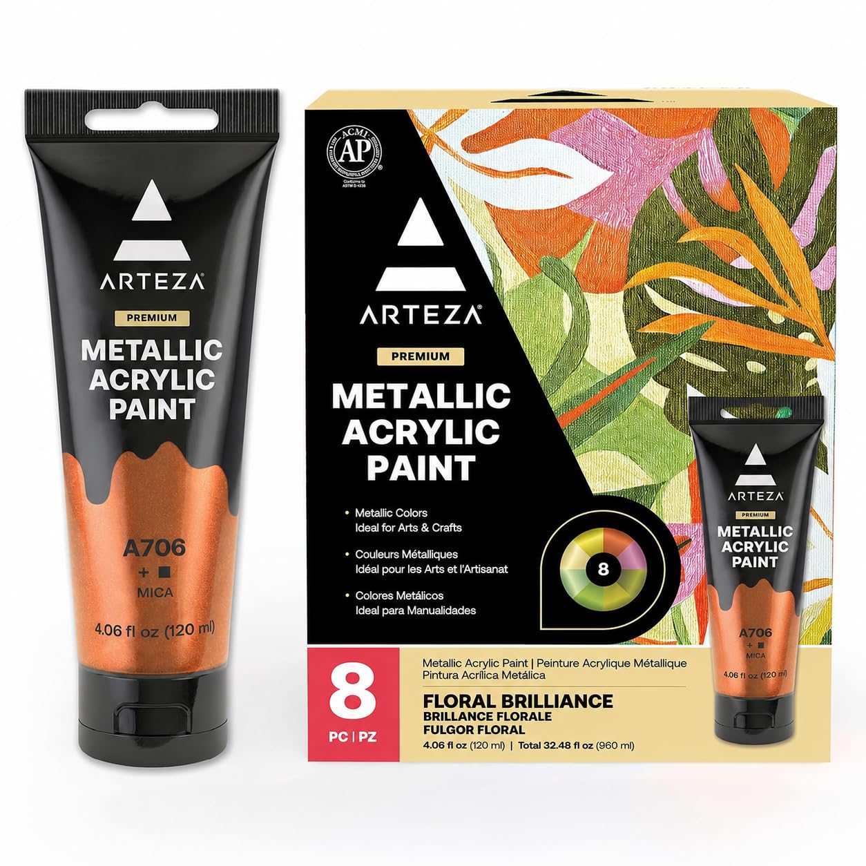 ARTEZA Pinturas acrílicas metalizadas, set de 8 Colores Florales Brillantes, tubos de 120 ml, pigmentos ricos, sin decoloración, pinturas para artistas y niños, ideales para lienzo y manualidades